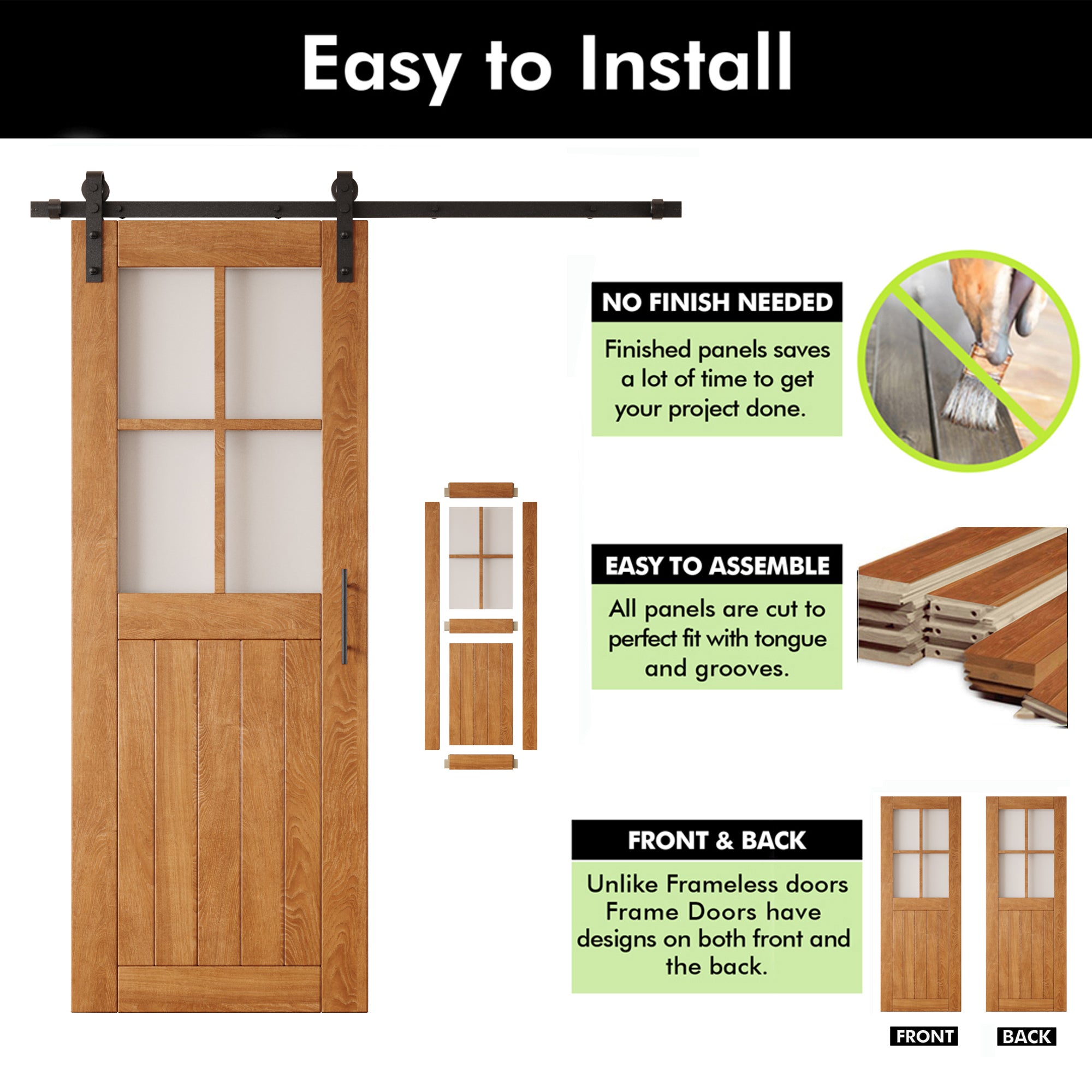 80" Height Early American Half Lite Grid Glass Unassembled & Finished Pine Wood Barn Door with Non-Bypass Installation Hardware Kit (Interior Use Only)