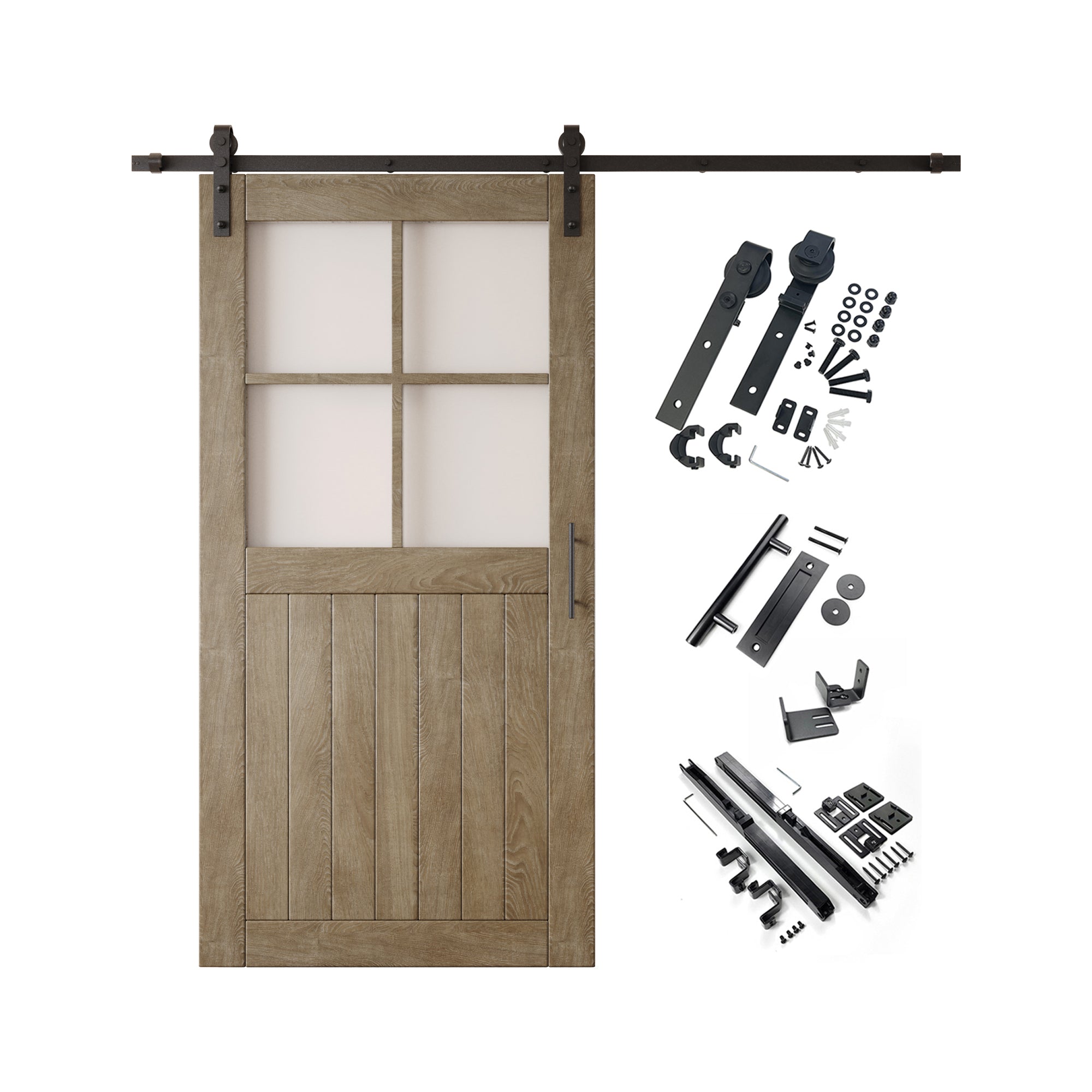 80" Height Classic Gray Half Lite Grid Glass Unassembled & Finished Pine Wood Barn Door with Non-Bypass Installation Hardware Kit (Interior Use Only)