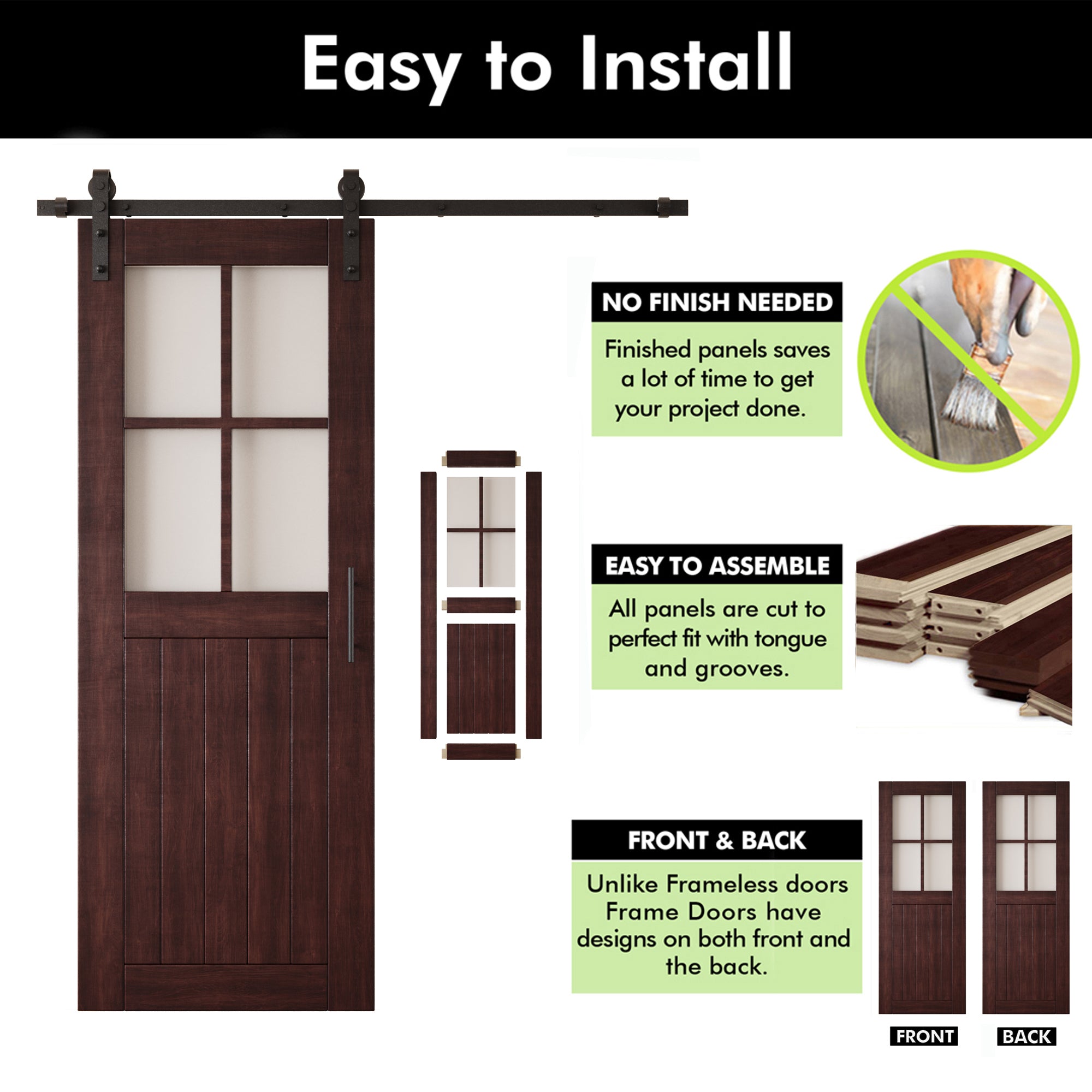 80" Height Red Mahogany Half Lite Grid Glass Unassembled & Finished Pine Wood Barn Door with Non-Bypass Installation Hardware Kit (Interior Use Only)