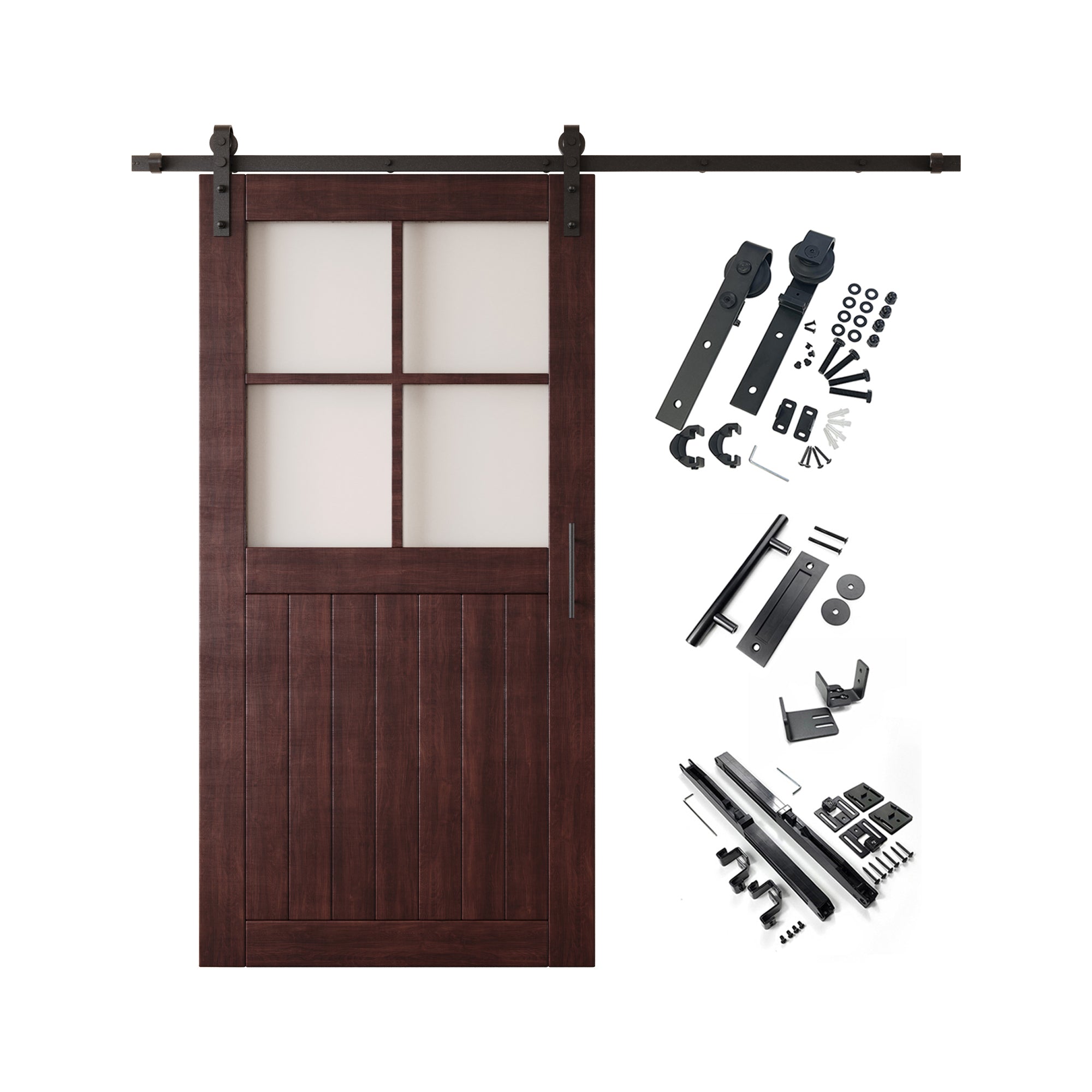 80" Height Red Mahogany Half Lite Grid Glass Unassembled & Finished Pine Wood Barn Door with Non-Bypass Installation Hardware Kit (Interior Use Only)