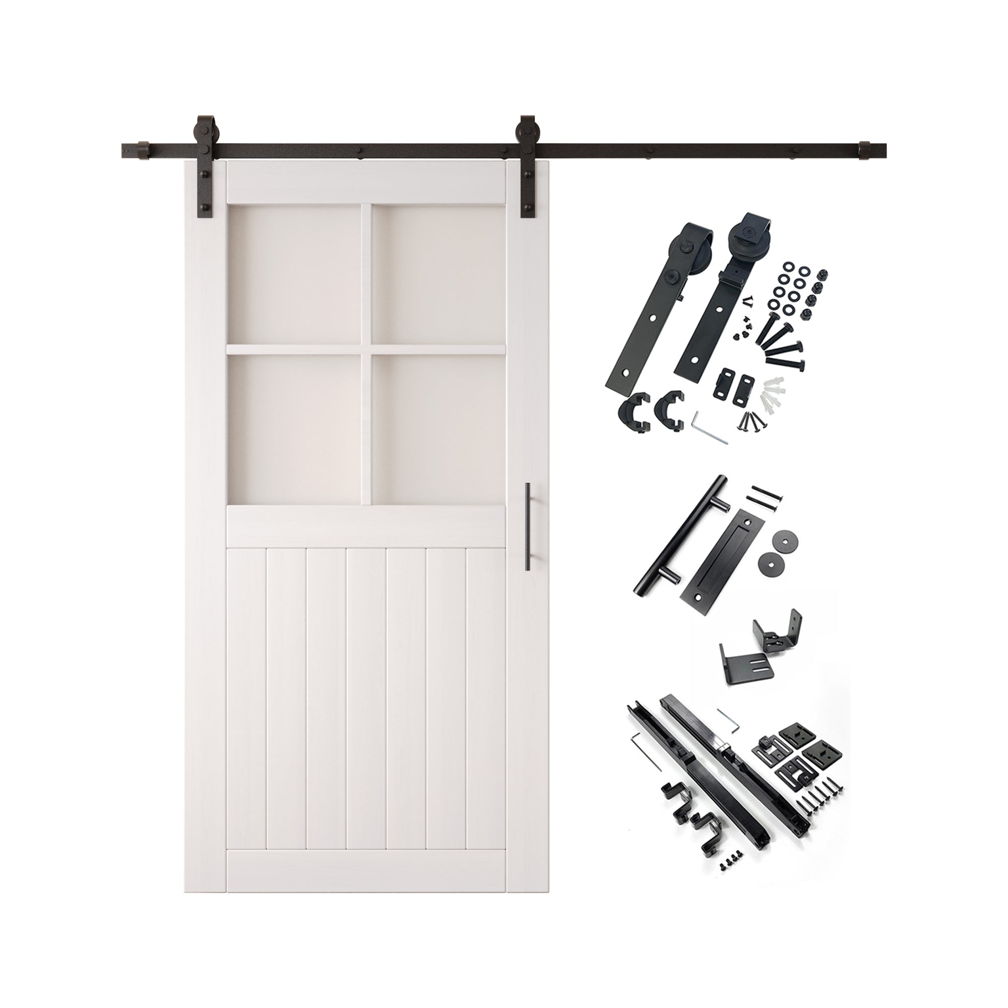 80" Height White Half Lite Grid Glass Unassembled & Finished Pine Wood Barn Door with Non-Bypass Installation Hardware Kit (Interior Use Only)