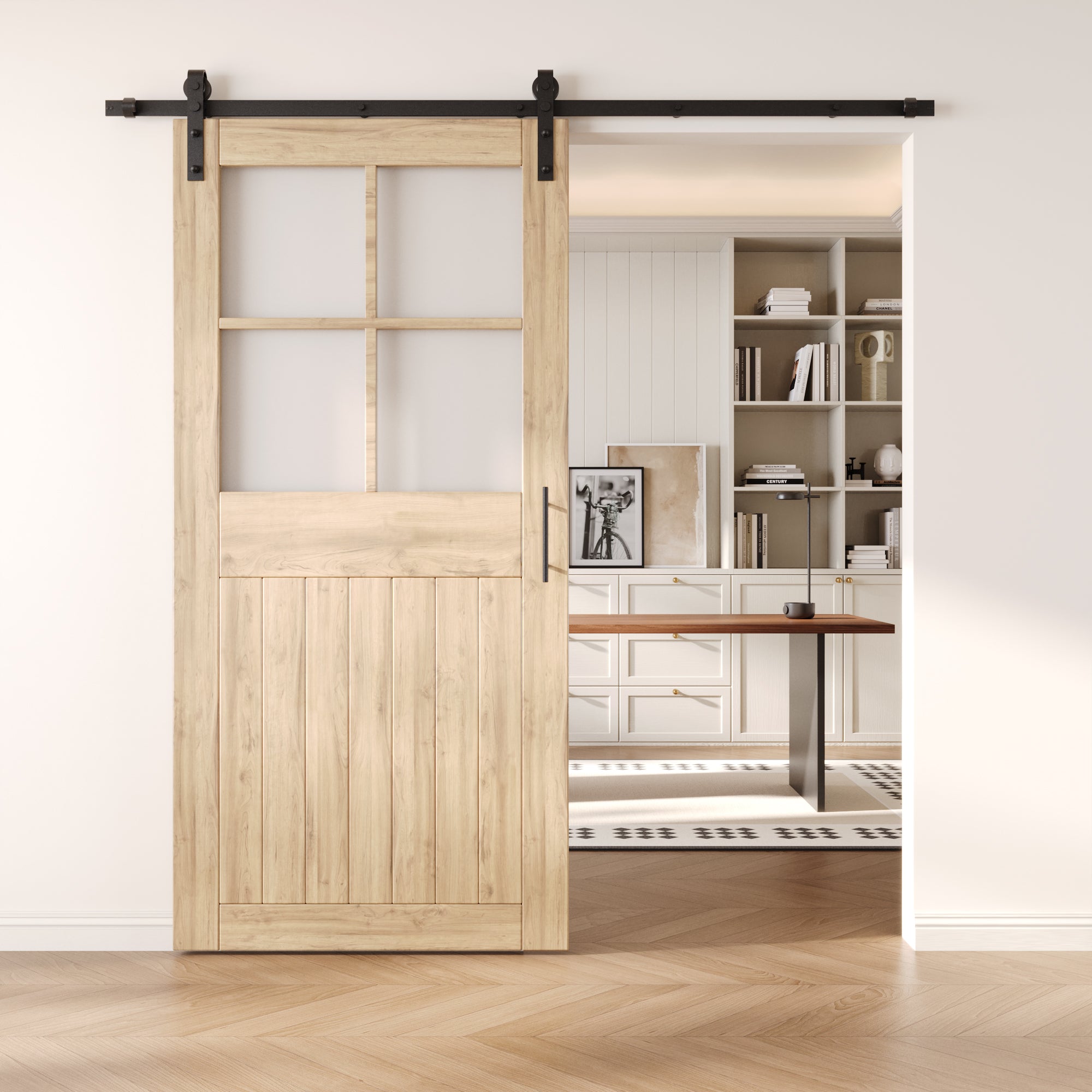 84" Height Half Lite Grid Glass Unassembled & Unfinished Pine Wood Barn Door with Non-Bypass Installation Hardware Kit (Interior Use Only)