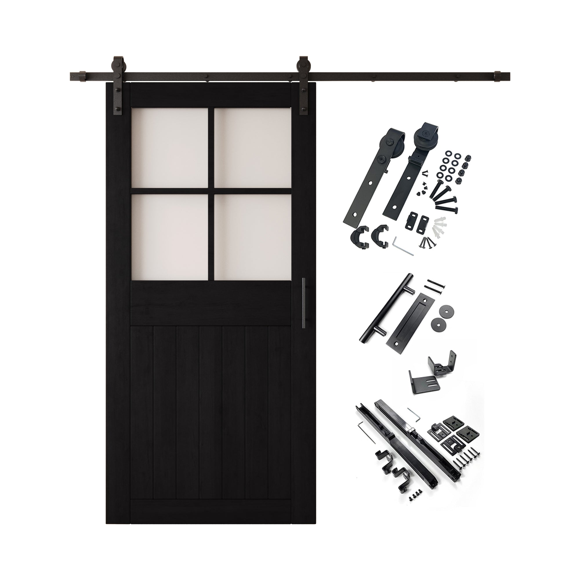 84" Height Black Half Lite Grid Glass Unassembled & Finished Pine Wood Barn Door with Non-Bypass Installation Hardware Kit (Interior Use Only)