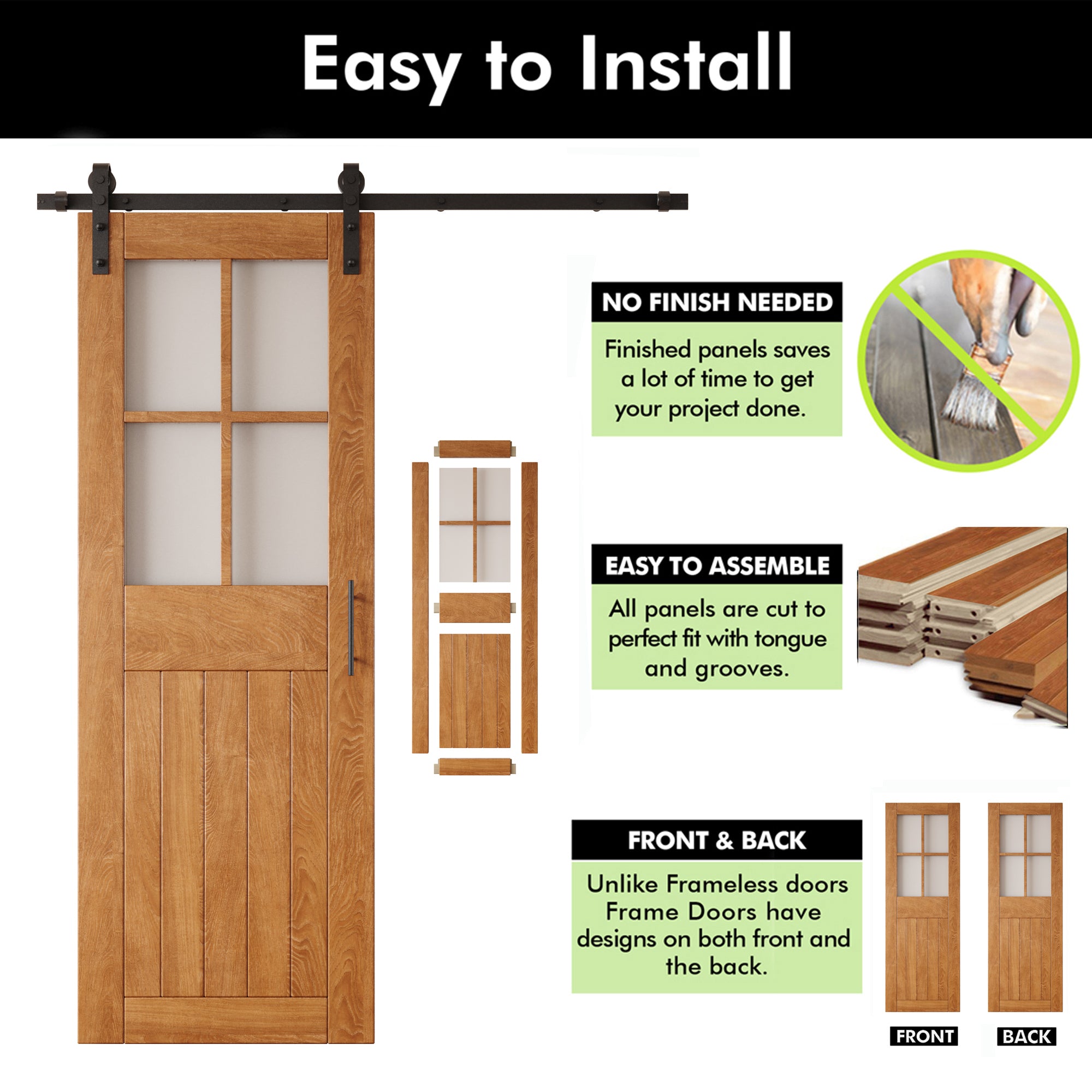 84" Height Early American Half Lite Grid Glass Unassembled & Finished Pine Wood Barn Door with Non-Bypass Installation Hardware Kit (Interior Use Only)