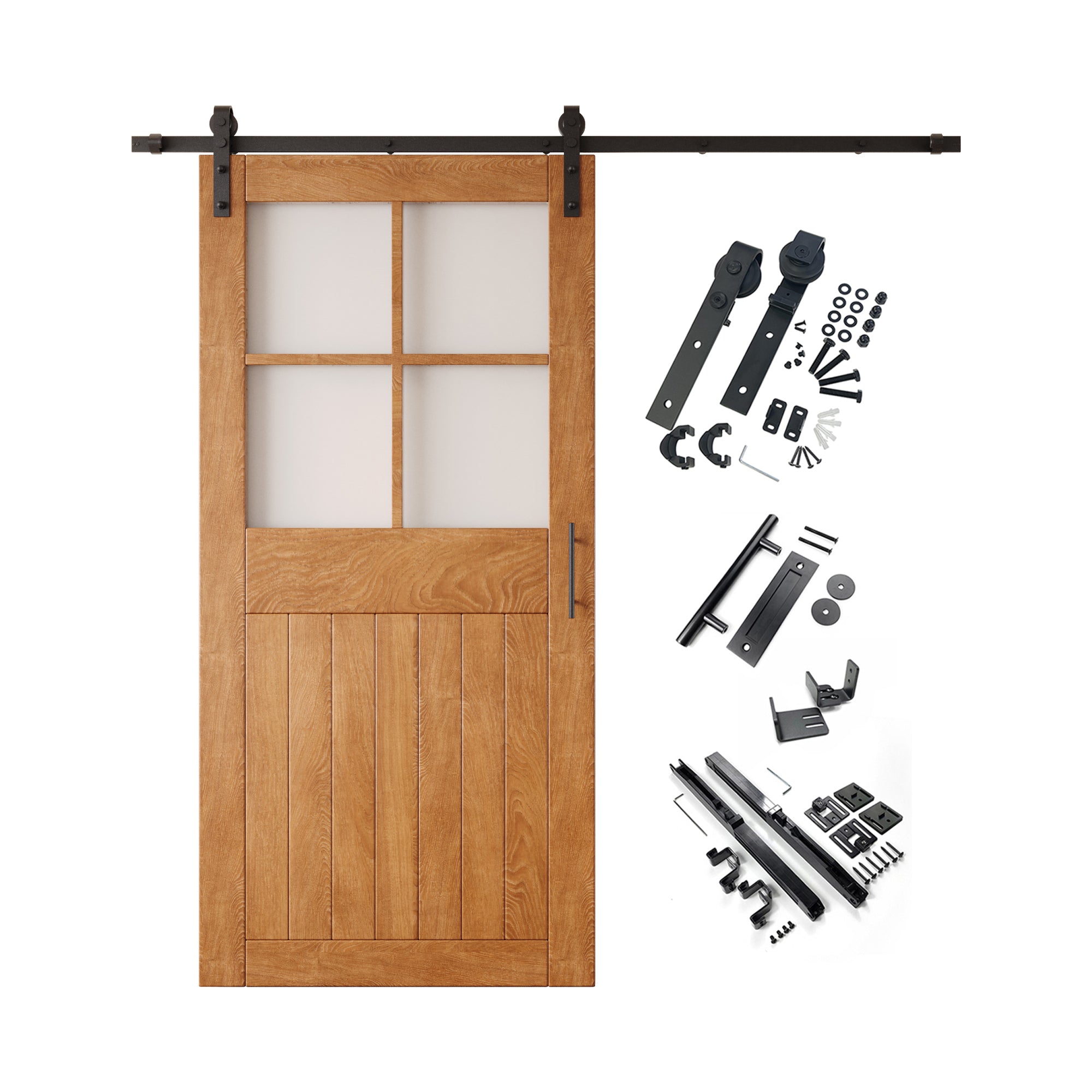84" Height Early American Half Lite Grid Glass Unassembled & Finished Pine Wood Barn Door with Non-Bypass Installation Hardware Kit (Interior Use Only)