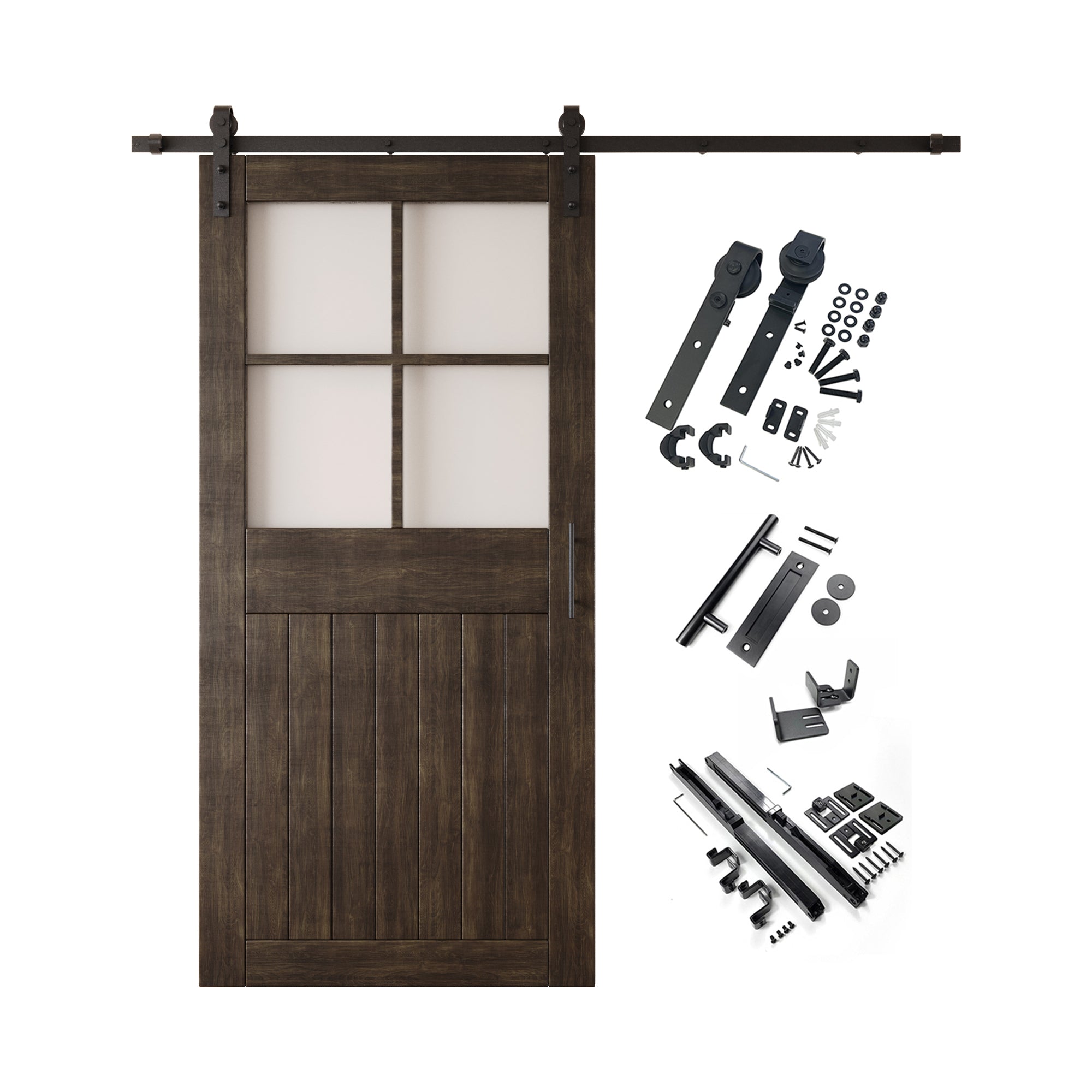 84" Height Ebony Half Lite Grid Glass Unassembled & Finished Pine Wood Barn Door with Non-Bypass Installation Hardware Kit (Interior Use Only)
