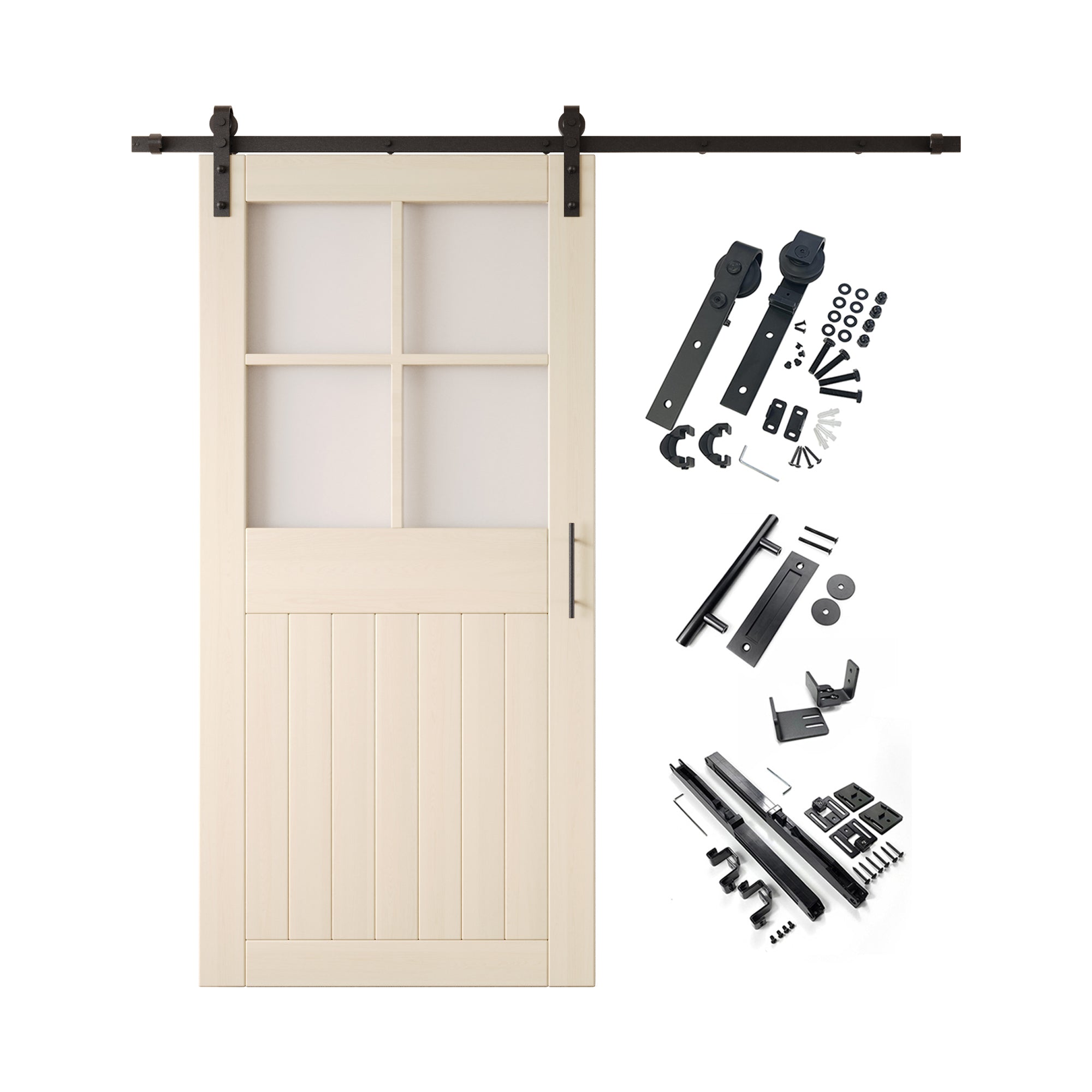 84" Height Tinsmith Gray Half Lite Grid Glass Unassembled & Finished Pine Wood Barn Door with Non-Bypass Installation Hardware Kit (Interior Use Only)