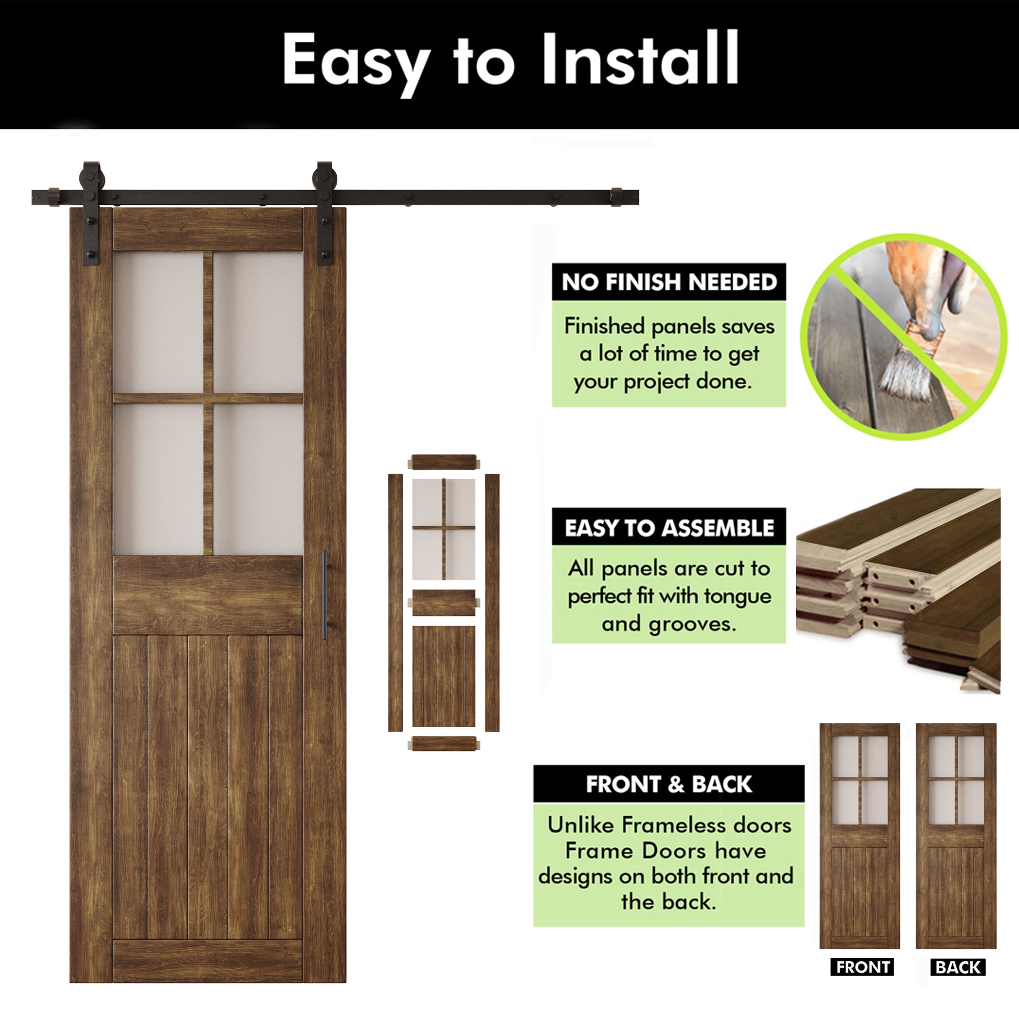84" Height Dark Walnut Half Lite Grid Glass Unassembled & Finished Pine Wood Barn Door with Non-Bypass Installation Hardware Kit (Interior Use Only)