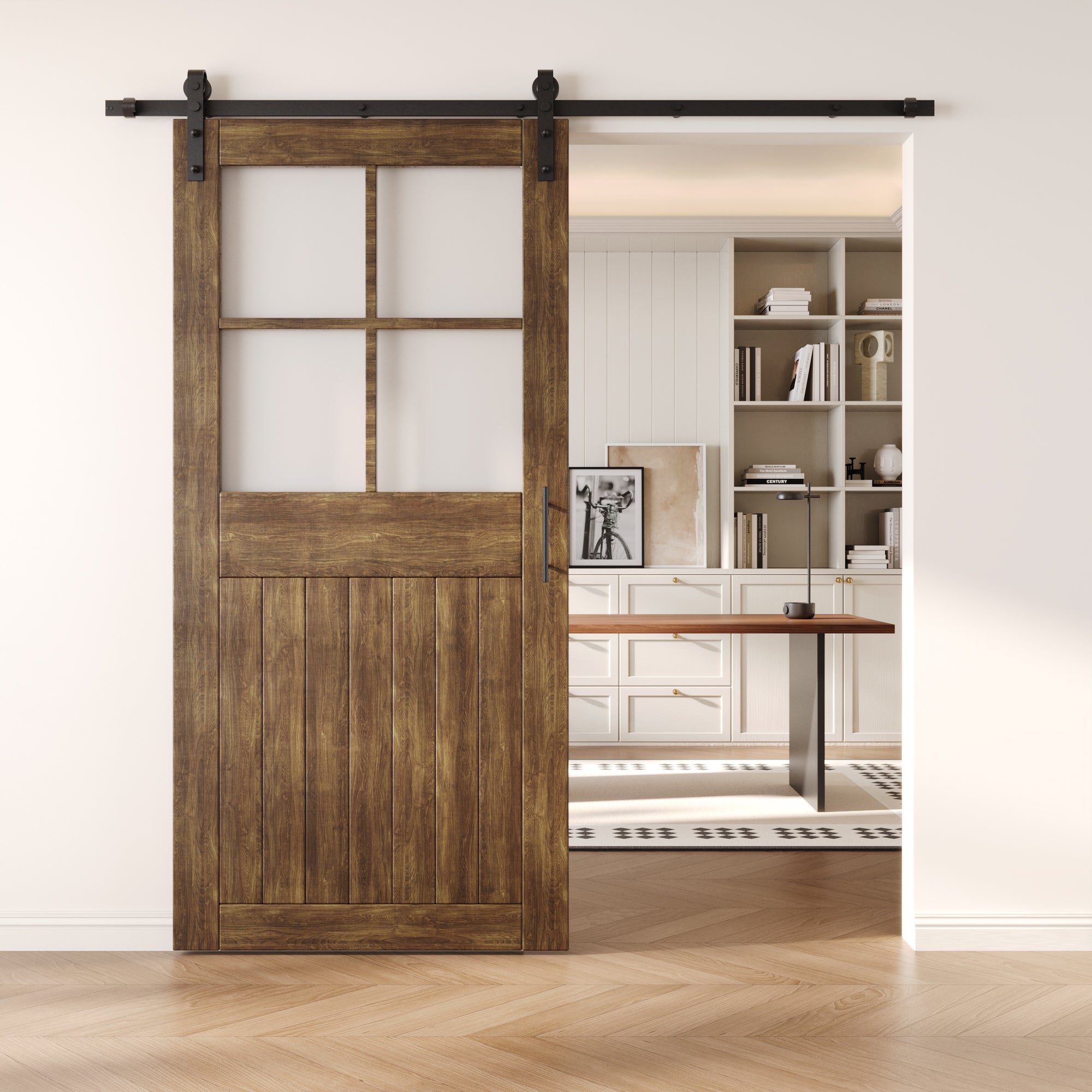 84" Height Dark Walnut Half Lite Grid Glass Unassembled & Finished Pine Wood Barn Door with Non-Bypass Installation Hardware Kit (Interior Use Only)