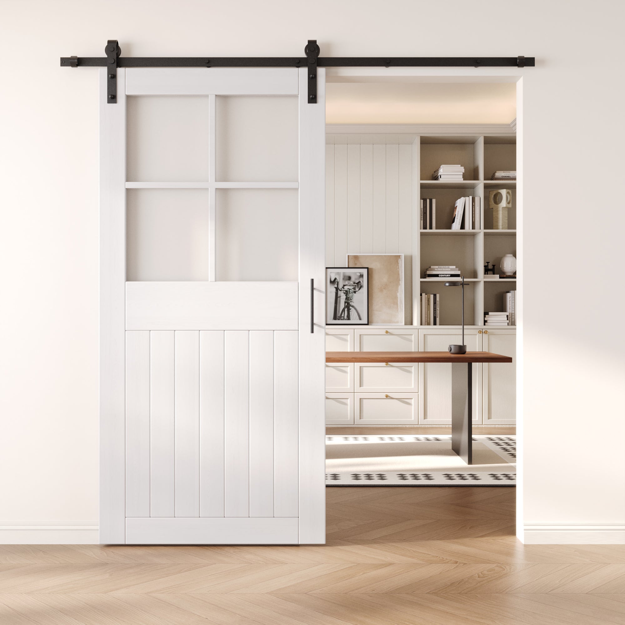 84" Height White Half Lite Grid Glass Unassembled & Finished Pine Wood Barn Door with Non-Bypass Installation Hardware Kit (Interior Use Only)