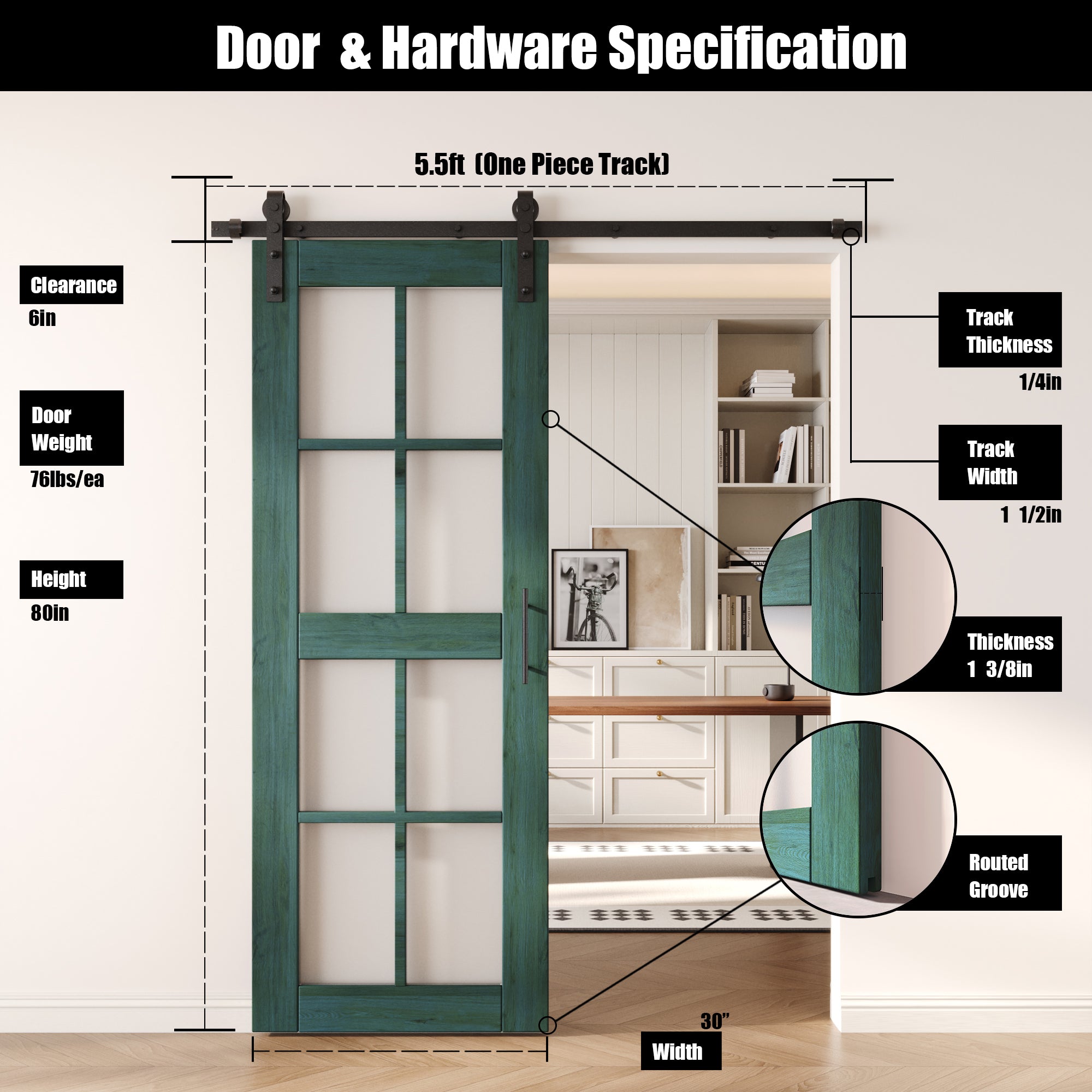 80" Height Royal Pine 8-Lite Frosted Glass Unassembled & Finished Pine Wood Barn Door with Non-Bypass Installation Hardware Kit (Interior Use Only)