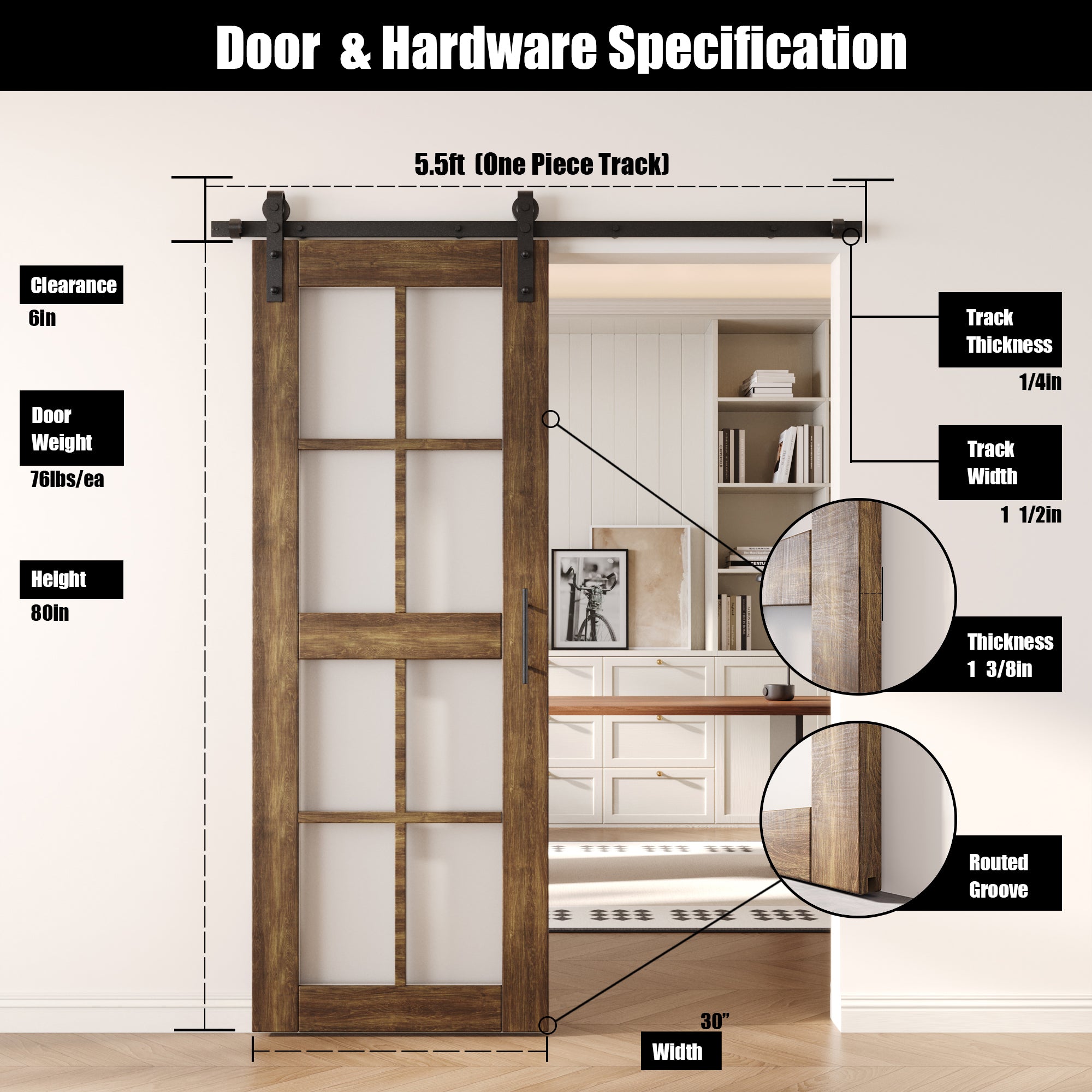 80" Height Dark Walnut 8-Lite Frosted Glass Unassembled & Finished Pine Wood Barn Door with Non-Bypass Installation Hardware Kit (Interior Use Only)