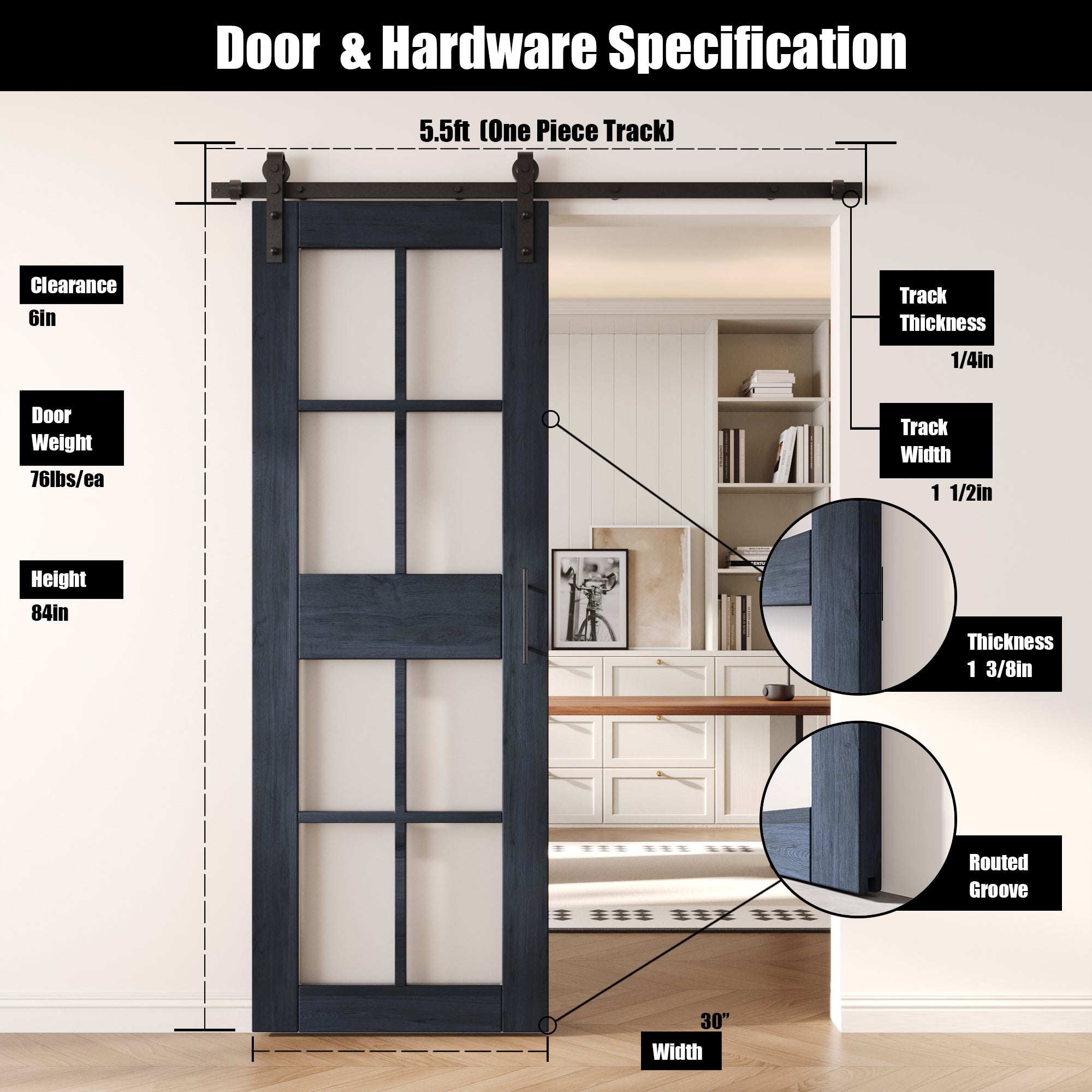 84" Height Navy 8-Lite Frosted Glass Unassembled & Finished Pine Wood Barn Door with Non-Bypass Installation Hardware Kit (Interior Use Only)