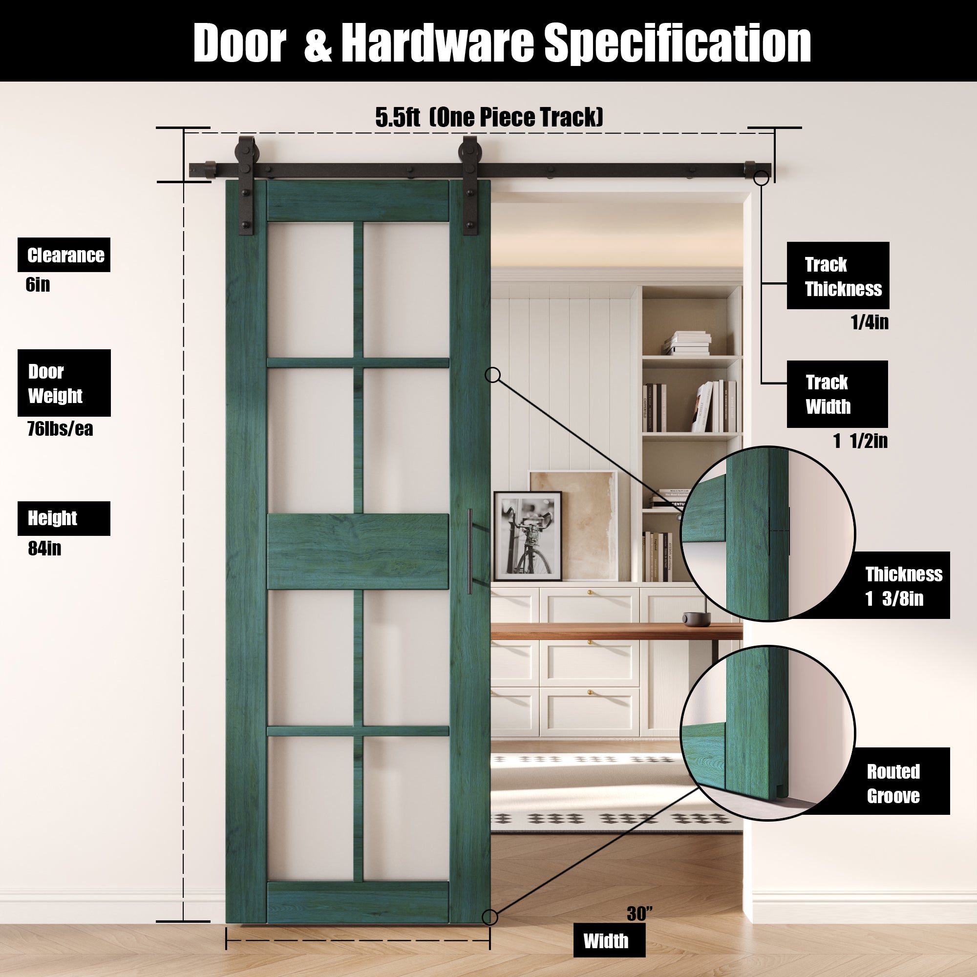 84" Height Royal Pine 8-Lite Frosted Glass Unassembled & Finished Pine Wood Barn Door with Non-Bypass Installation Hardware Kit (Interior Use Only)