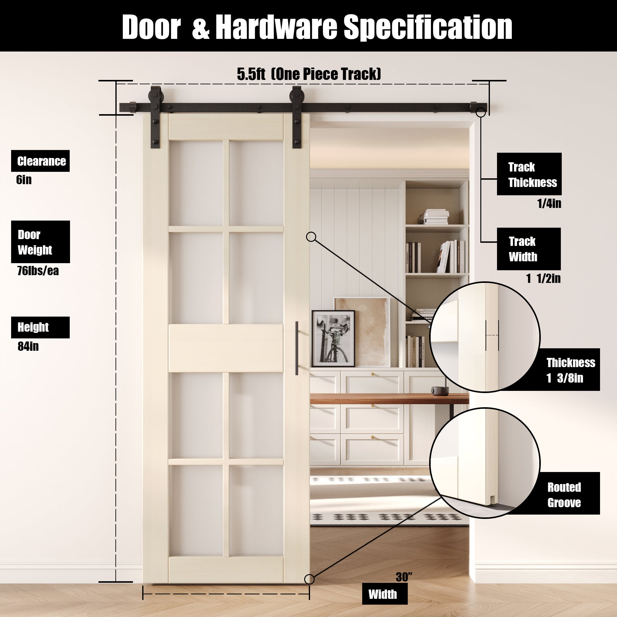 84" Height Tinsmith Gray 8-Lite Frosted Glass Unassembled & Finished Pine Wood Barn Door with Non-Bypass Installation Hardware Kit (Interior Use Only)