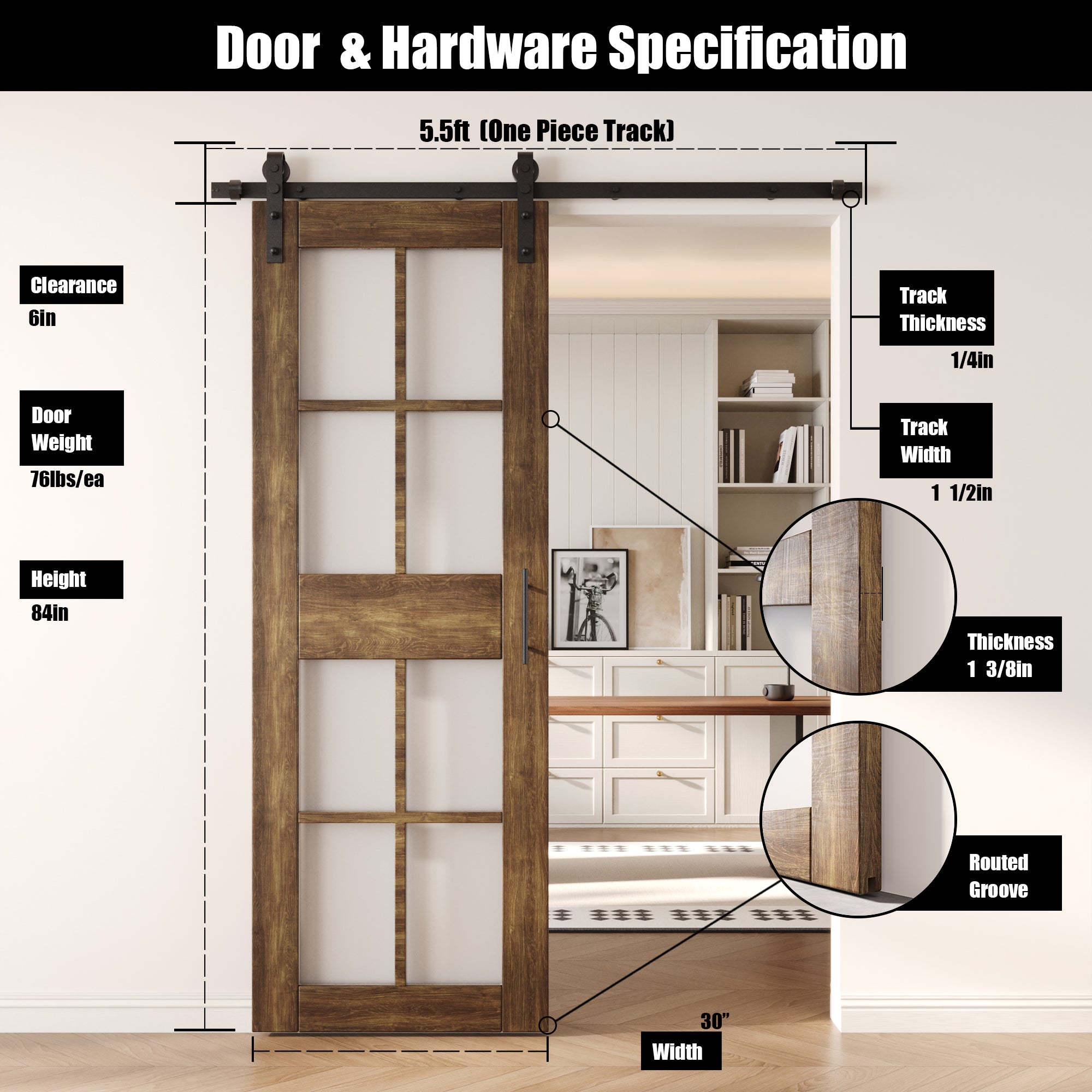 84" Height Dark Walnut 8-Lite Frosted Glass Unassembled & Finished Pine Wood Barn Door with Non-Bypass Installation Hardware Kit (Interior Use Only)
