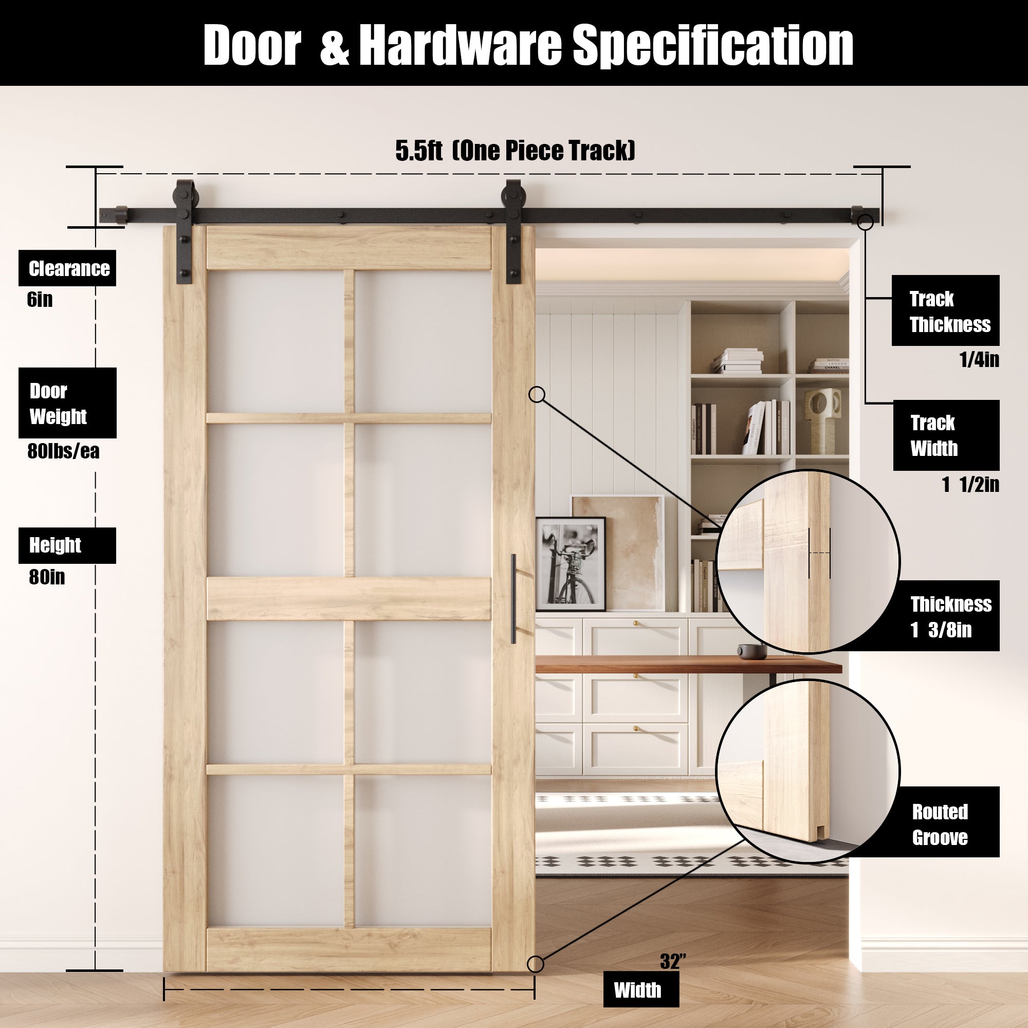 80" Height 8-Lite Frosted Glass Unassembled & Unfinished Pine Wood Barn Door with Non-Bypass Installation Hardware Kit (Interior Use Only)