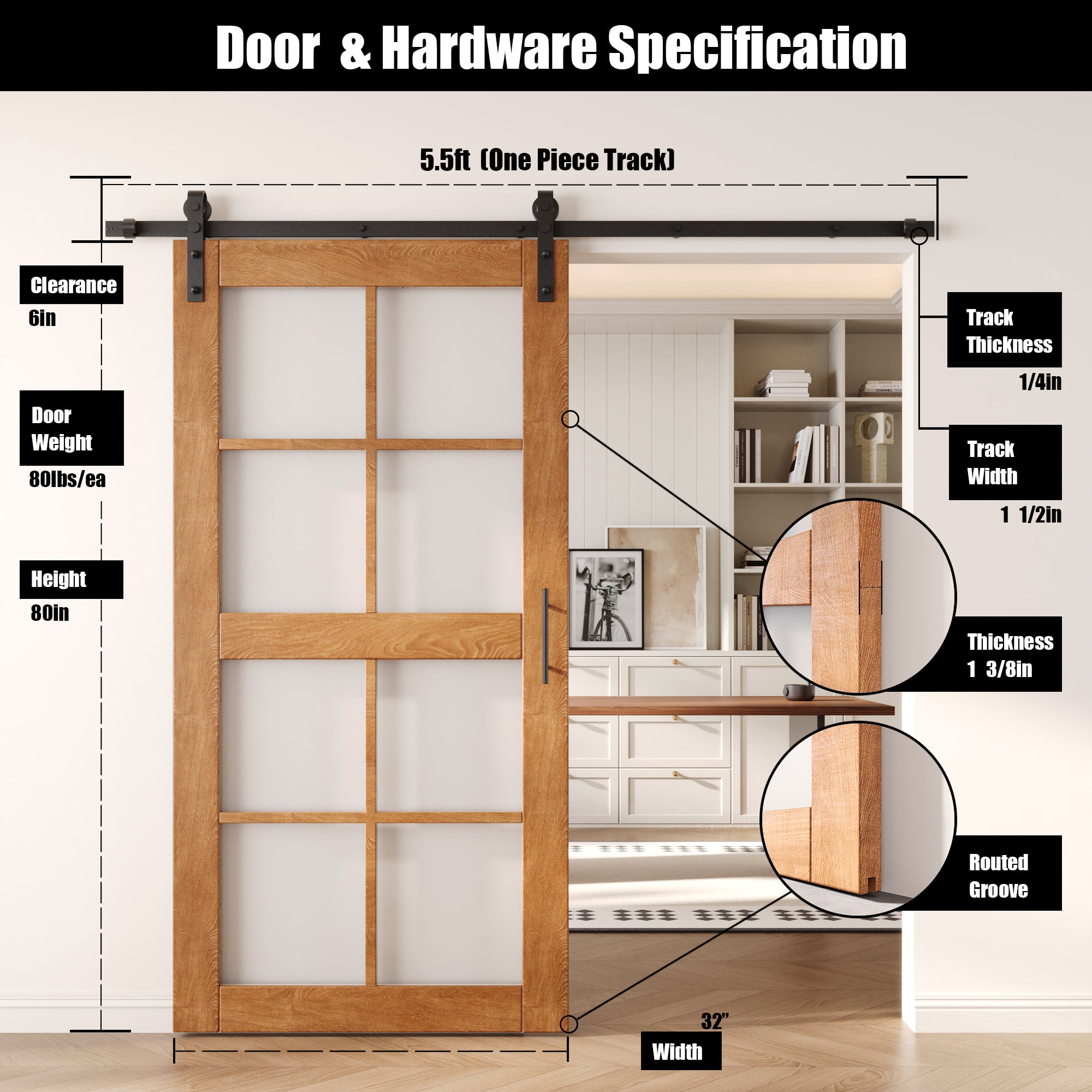 80" Height Early American 8-Lite Frosted Glass Unassembled & Finished Pine Wood Barn Door with Non-Bypass Installation Hardware Kit (Interior Use Only)