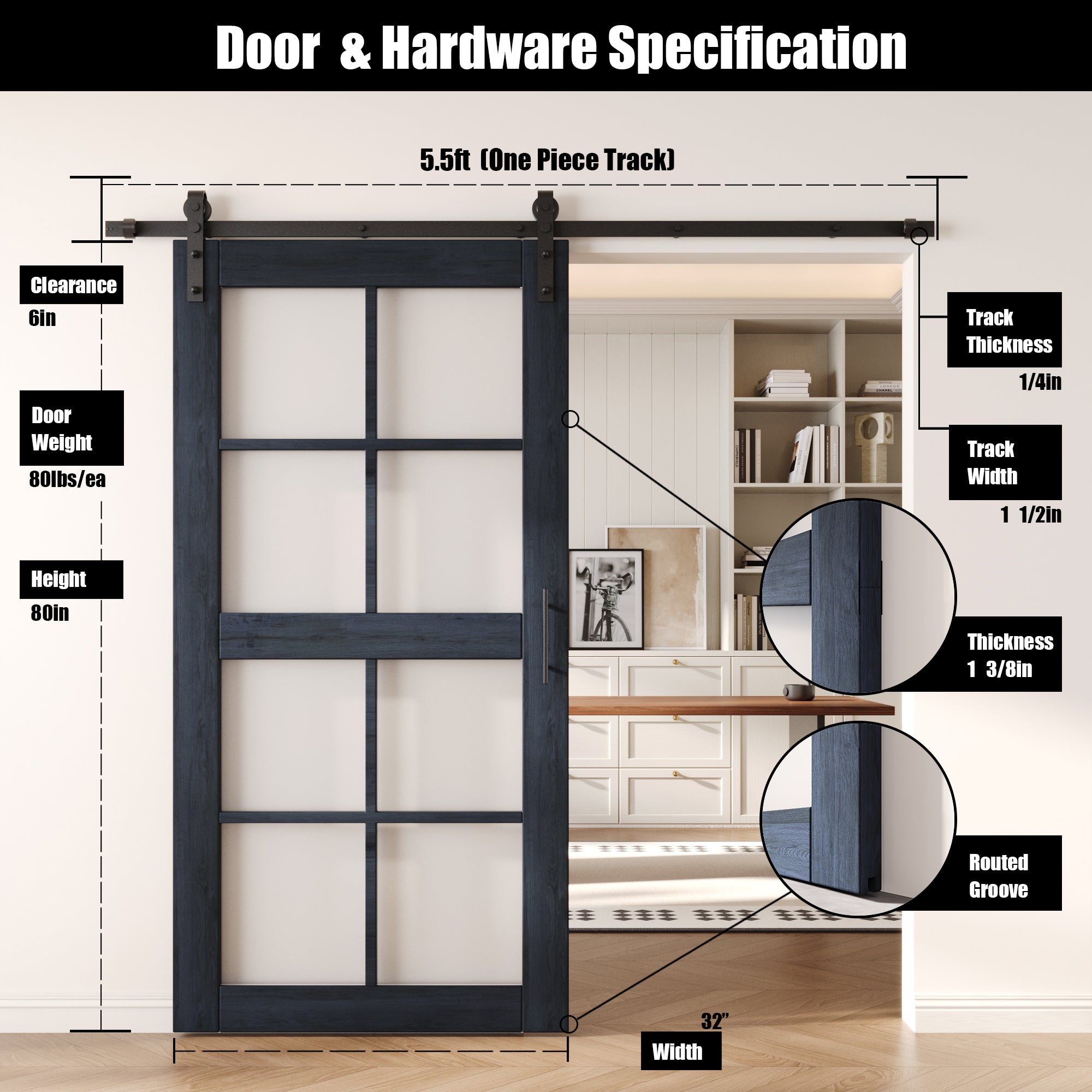 80" Height Navy 8-Lite Frosted Glass Unassembled & Finished Pine Wood Barn Door with Non-Bypass Installation Hardware Kit (Interior Use Only)