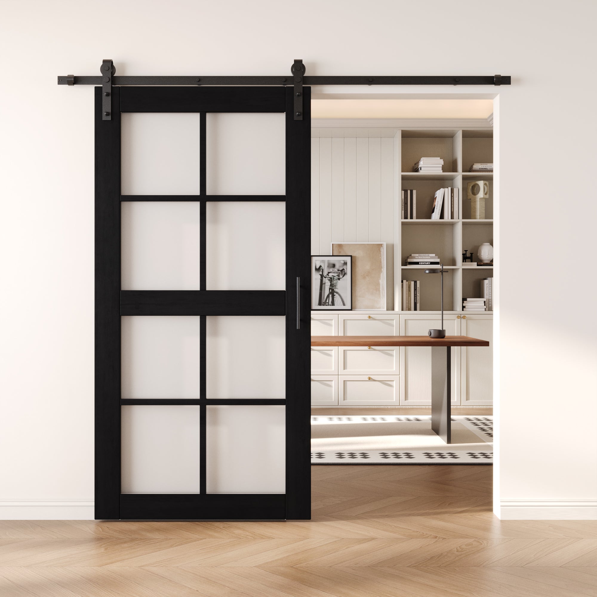 80" Height Black 8-Lite Frosted Glass Unassembled & Finished Pine Wood Barn Door with Non-Bypass Installation Hardware Kit (Interior Use Only)