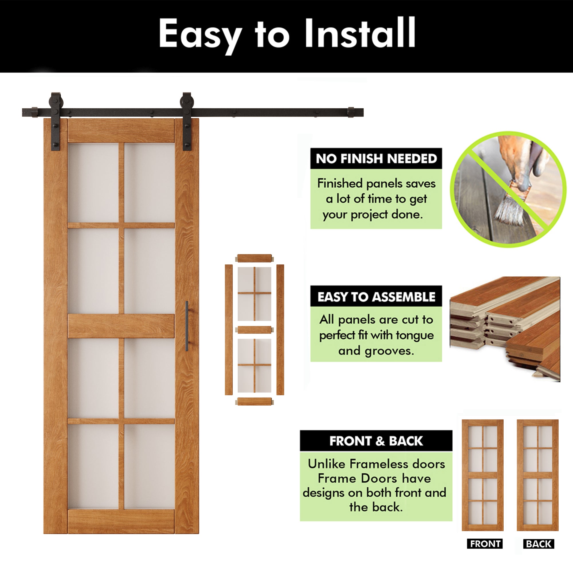 80" Height Early American 8-Lite Frosted Glass Unassembled & Finished Pine Wood Barn Door with Non-Bypass Installation Hardware Kit (Interior Use Only)