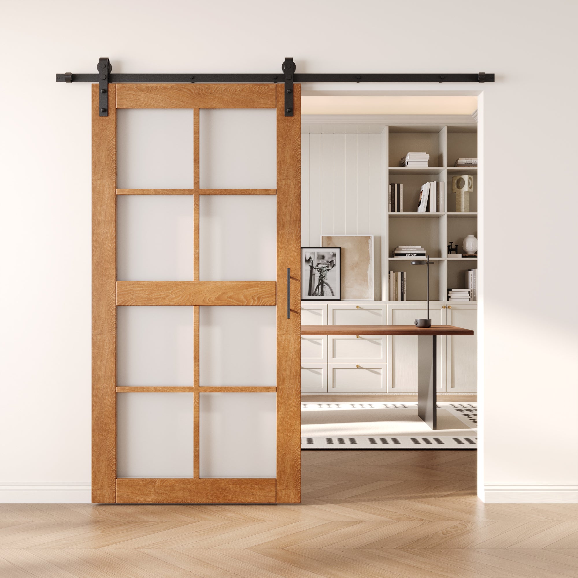 80" Height Early American 8-Lite Frosted Glass Unassembled & Finished Pine Wood Barn Door with Non-Bypass Installation Hardware Kit (Interior Use Only)