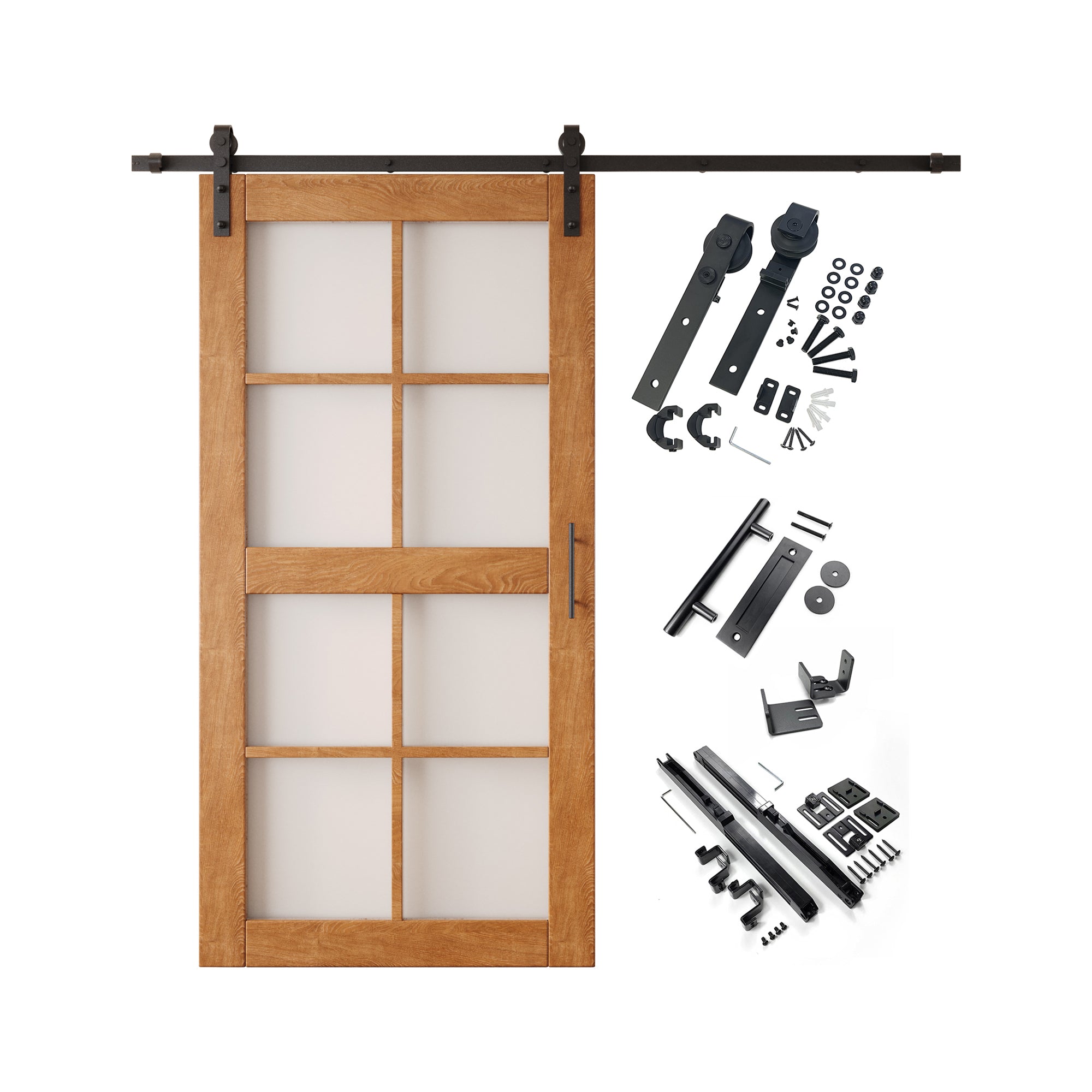 80" Height Early American 8-Lite Frosted Glass Unassembled & Finished Pine Wood Barn Door with Non-Bypass Installation Hardware Kit (Interior Use Only)