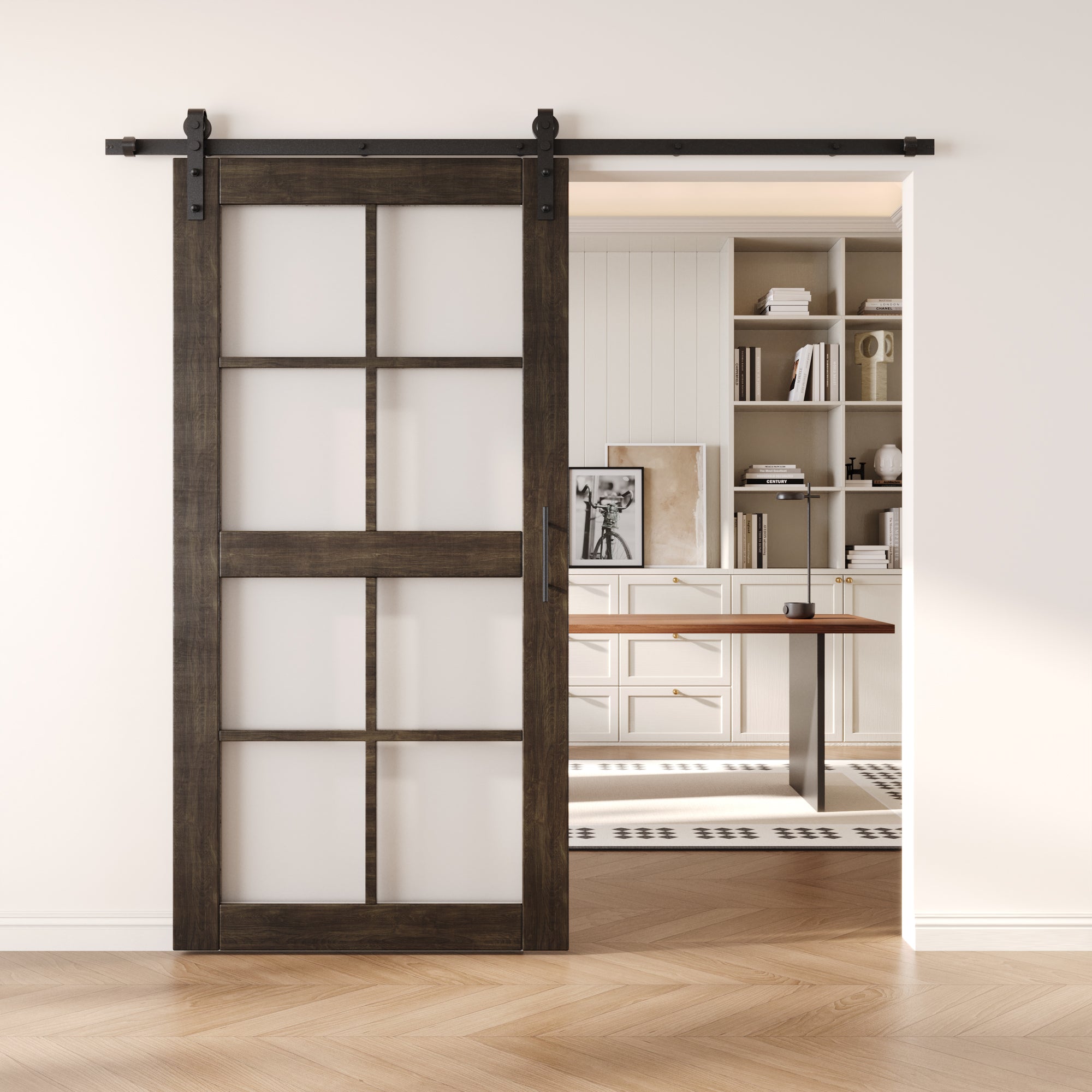 80" Height Ebony 8-Lite Frosted Glass Unassembled & Finished Pine Wood Barn Door with Non-Bypass Installation Hardware Kit (Interior Use Only)