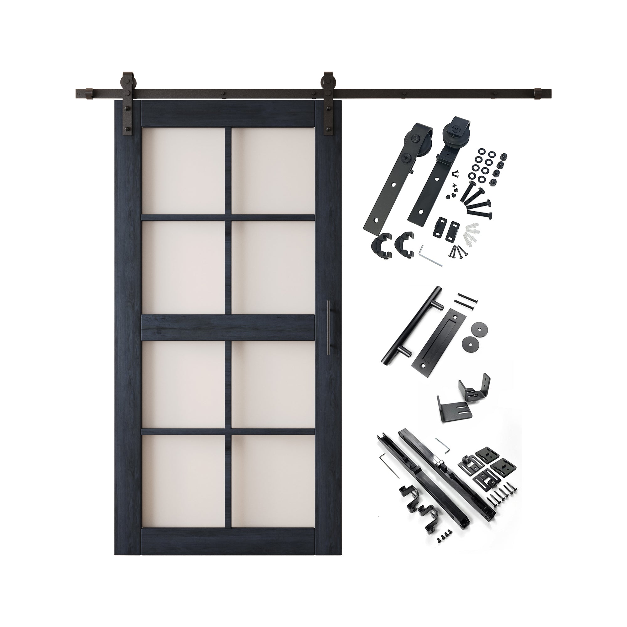 80" Height Navy 8-Lite Frosted Glass Unassembled & Finished Pine Wood Barn Door with Non-Bypass Installation Hardware Kit (Interior Use Only)