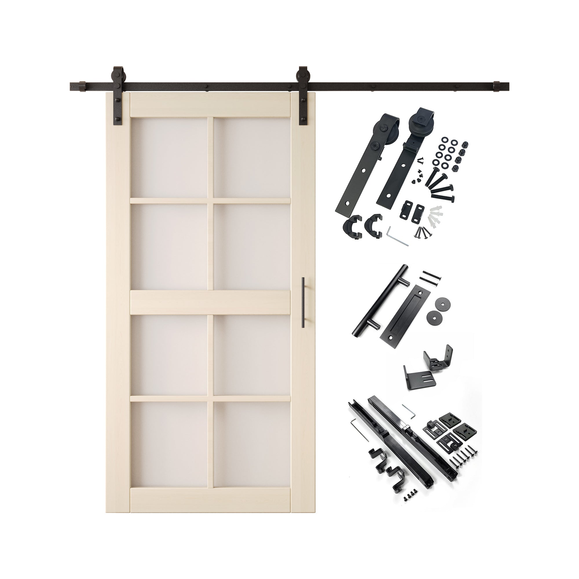 80" Height Tinsmith Gray 8-Lite Frosted Glass Unassembled & Finished Pine Wood Barn Door with Non-Bypass Installation Hardware Kit (Interior Use Only)