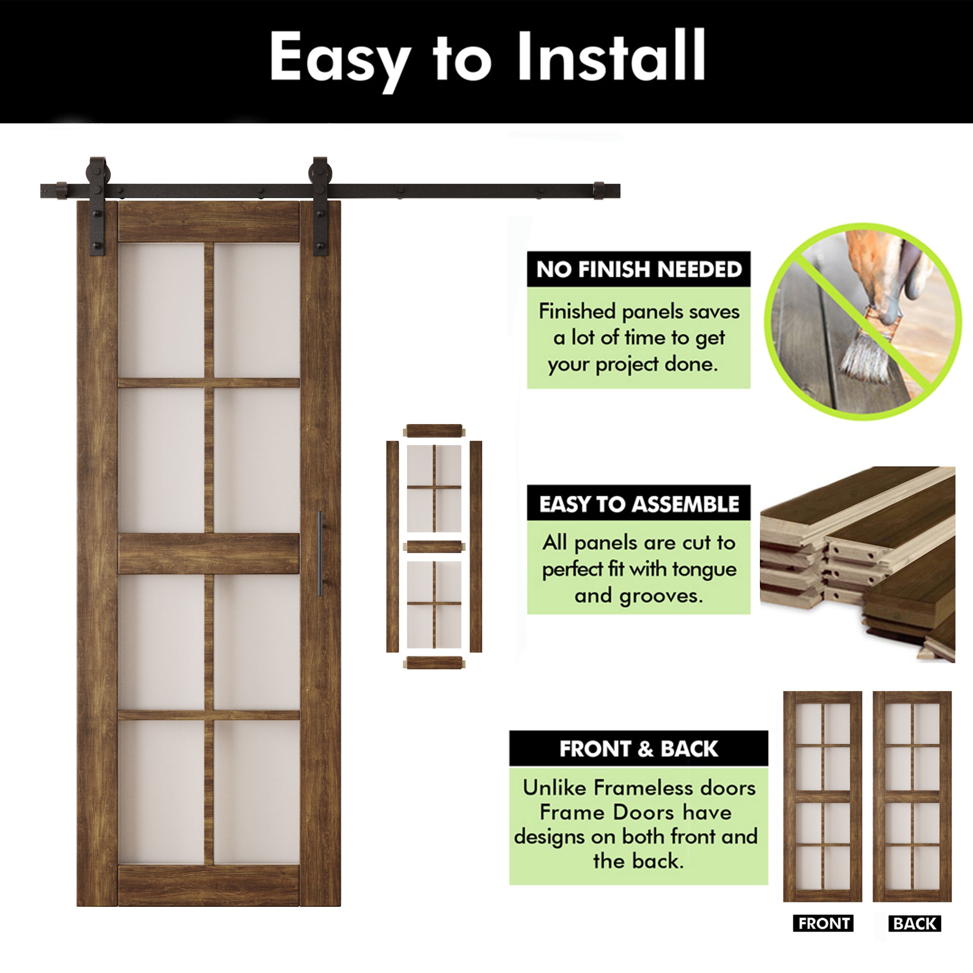 80" Height Dark Walnut 8-Lite Frosted Glass Unassembled & Finished Pine Wood Barn Door with Non-Bypass Installation Hardware Kit (Interior Use Only)