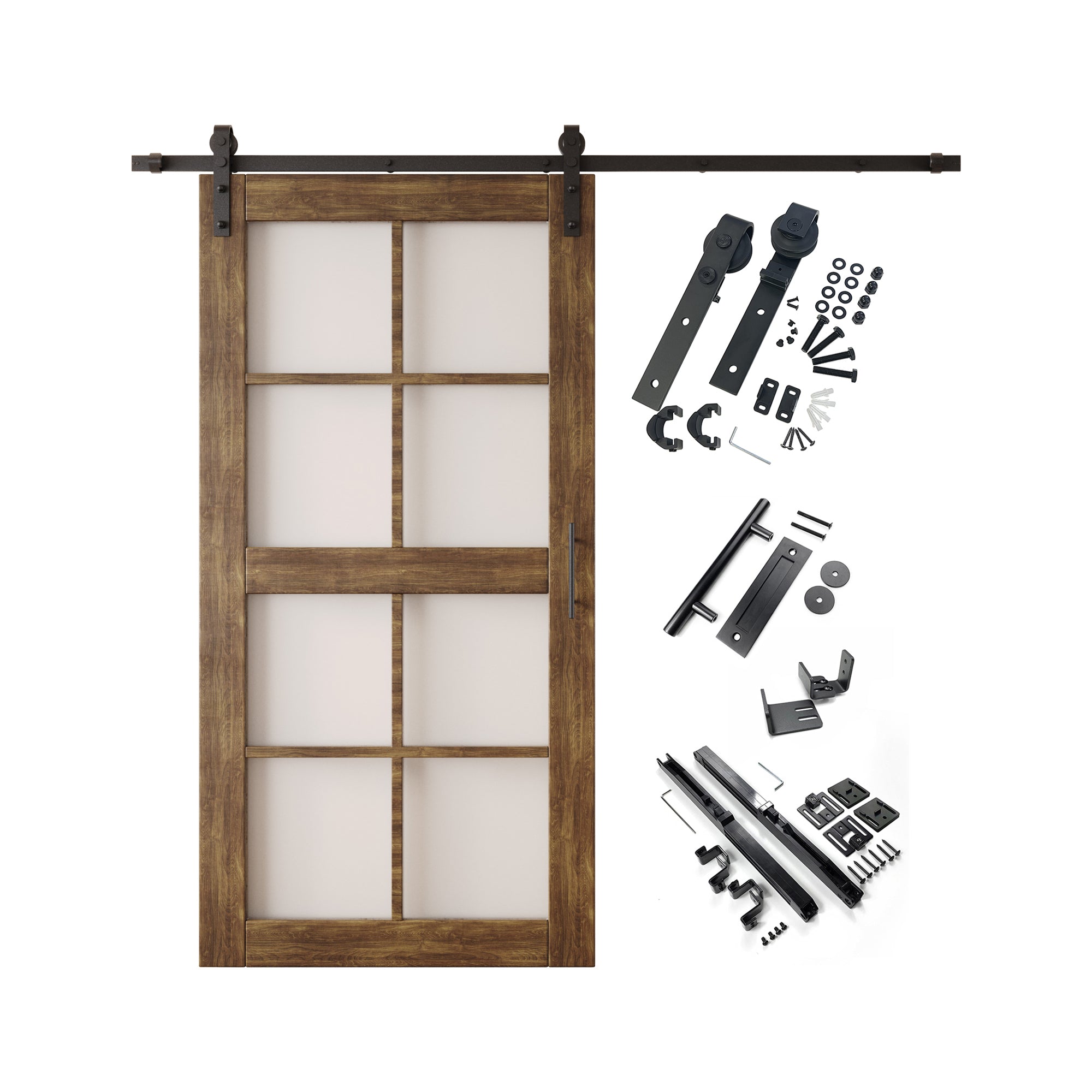 80" Height Dark Walnut 8-Lite Frosted Glass Unassembled & Finished Pine Wood Barn Door with Non-Bypass Installation Hardware Kit (Interior Use Only)