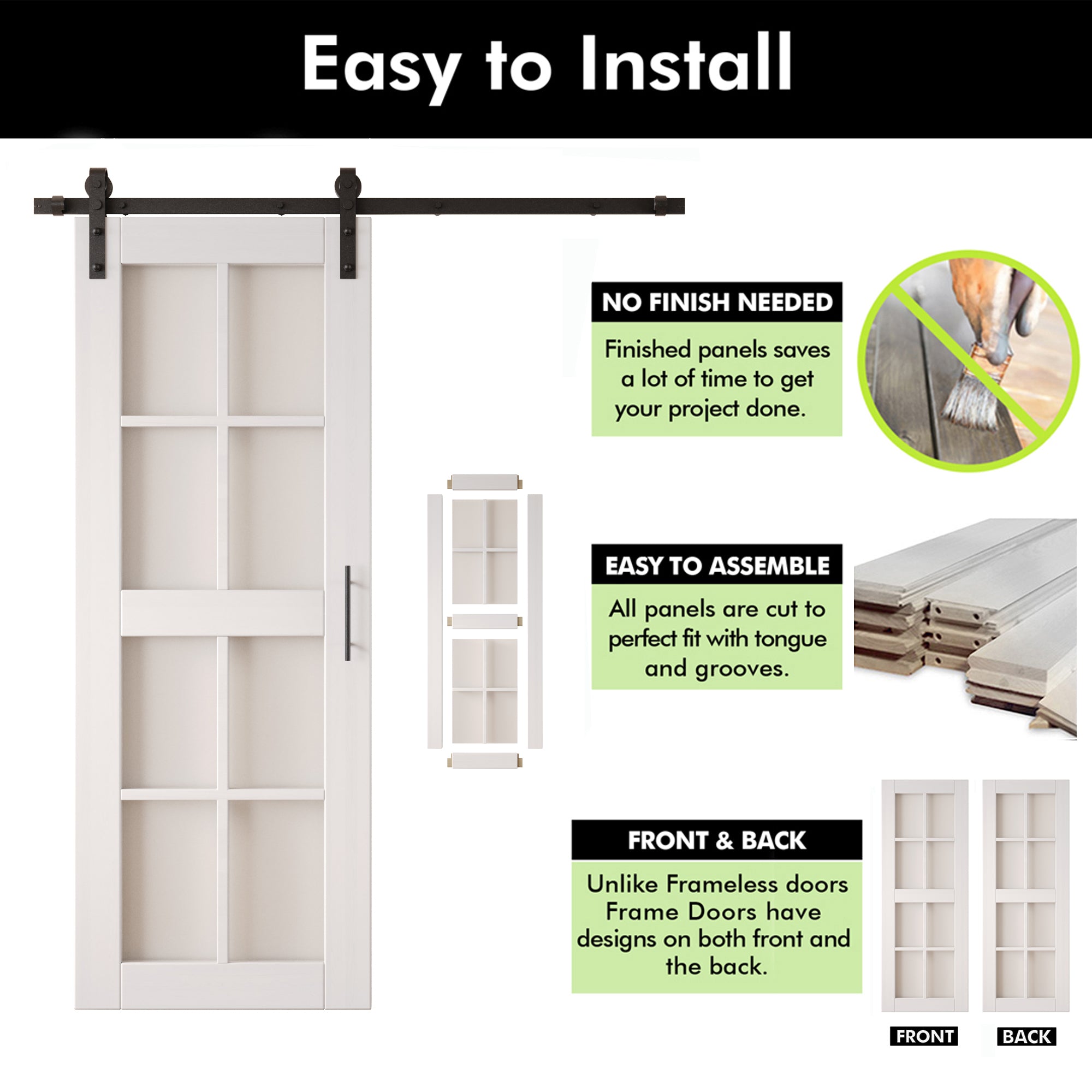 80" Height White 8-Lite Frosted Glass Unassembled & Finished Pine Wood Barn Door with Non-Bypass Installation Hardware Kit (Interior Use Only)
