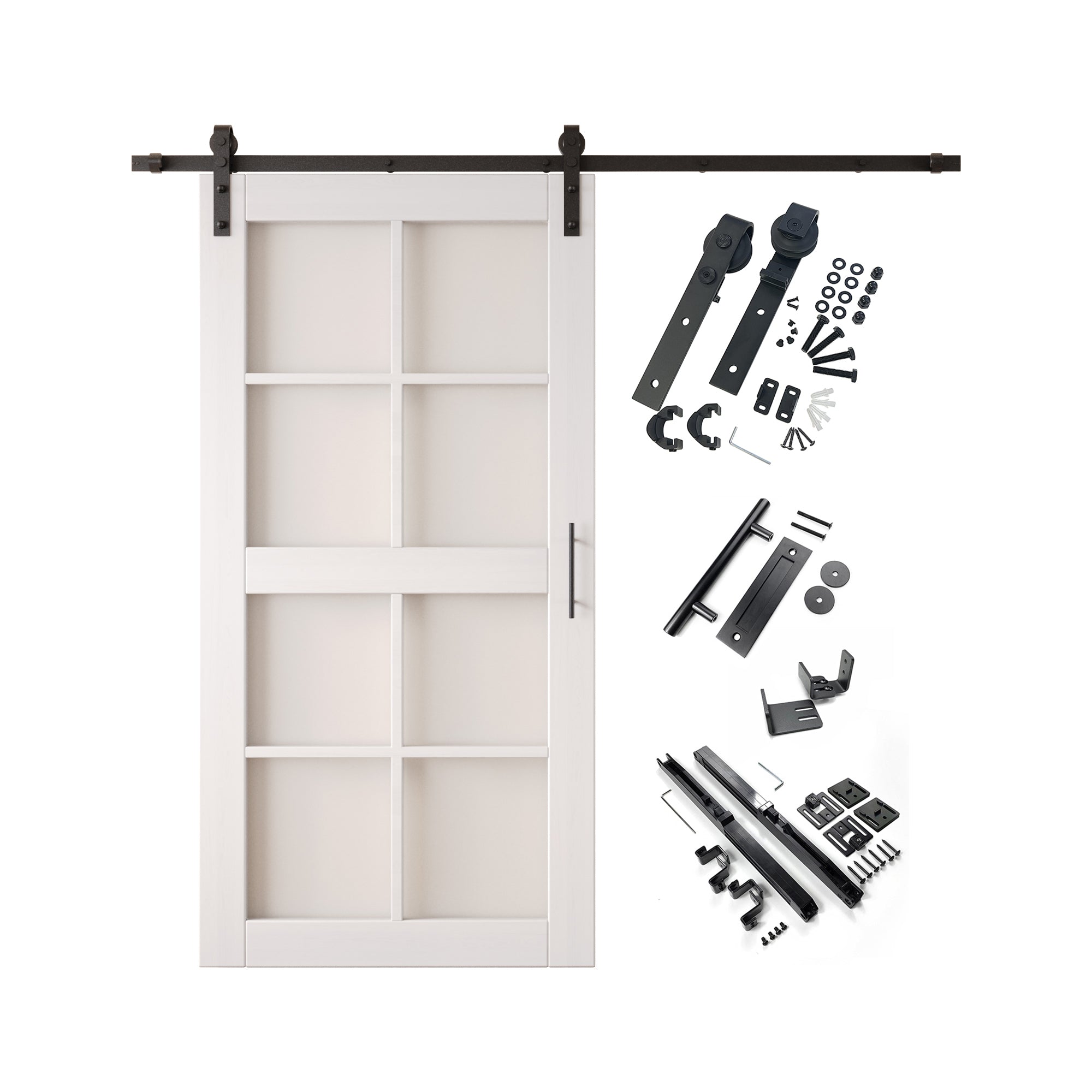 80" Height White 8-Lite Frosted Glass Unassembled & Finished Pine Wood Barn Door with Non-Bypass Installation Hardware Kit (Interior Use Only)