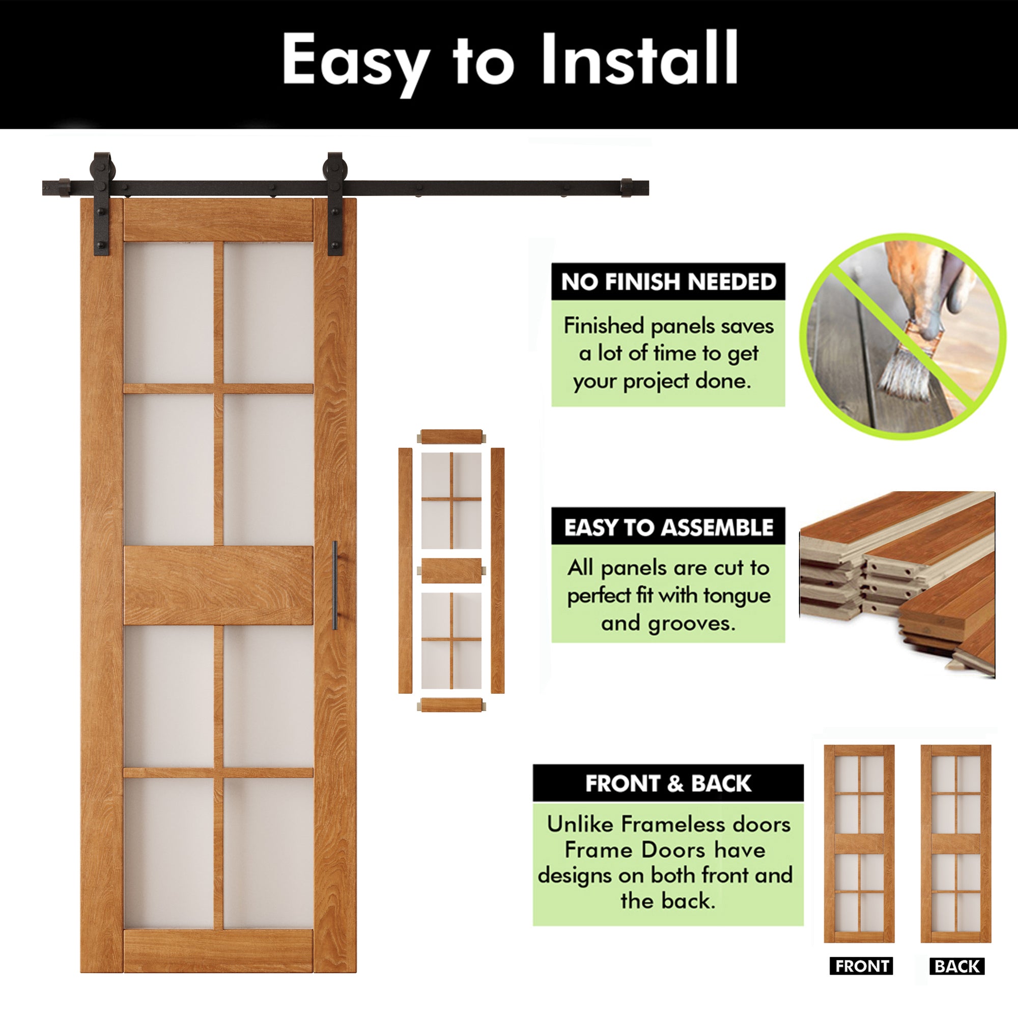 84" Height Early American 8-Lite Frosted Glass Unassembled & Finished Pine Wood Barn Door with Non-Bypass Installation Hardware Kit (Interior Use Only)