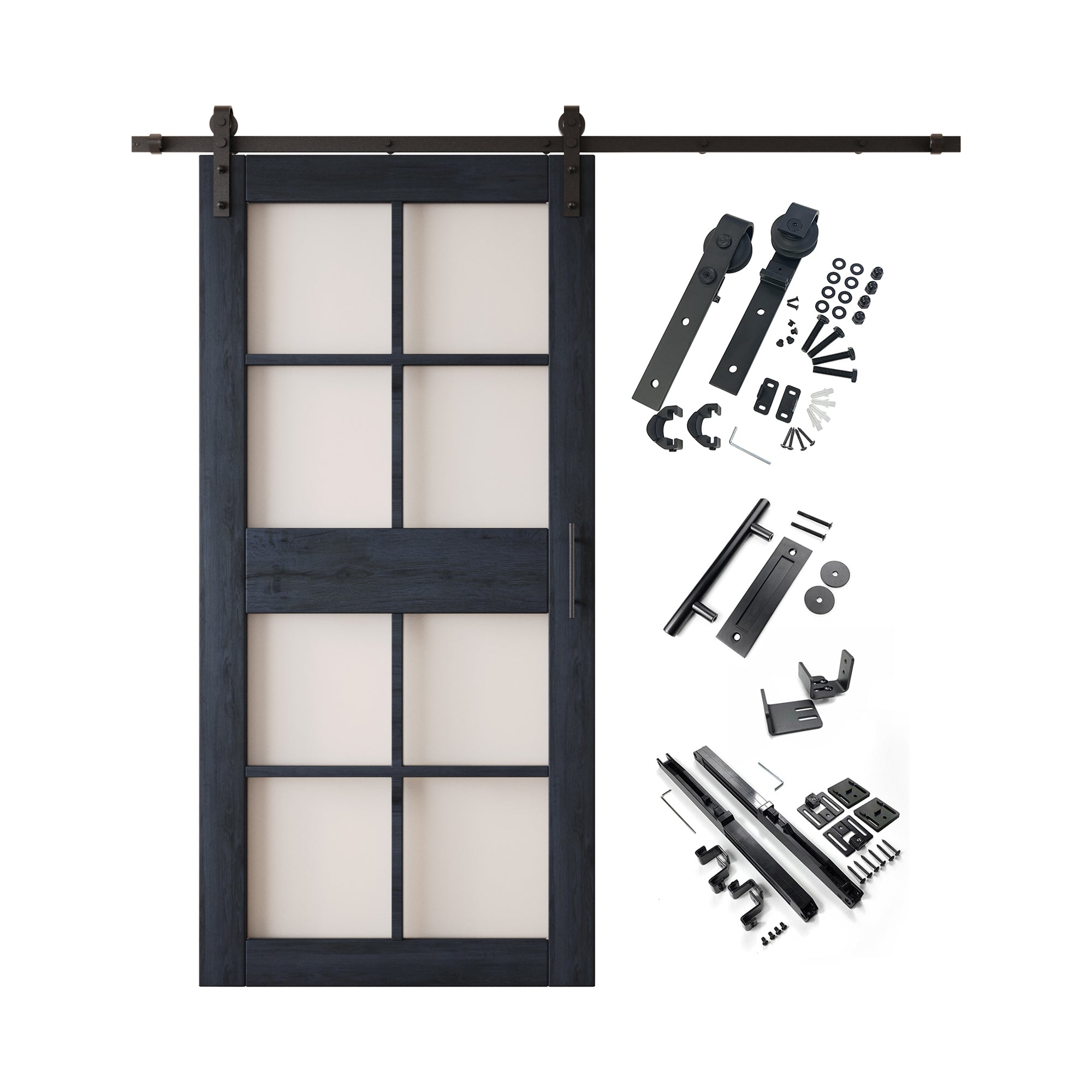 84" Height Navy 8-Lite Frosted Glass Unassembled & Finished Pine Wood Barn Door with Non-Bypass Installation Hardware Kit (Interior Use Only)