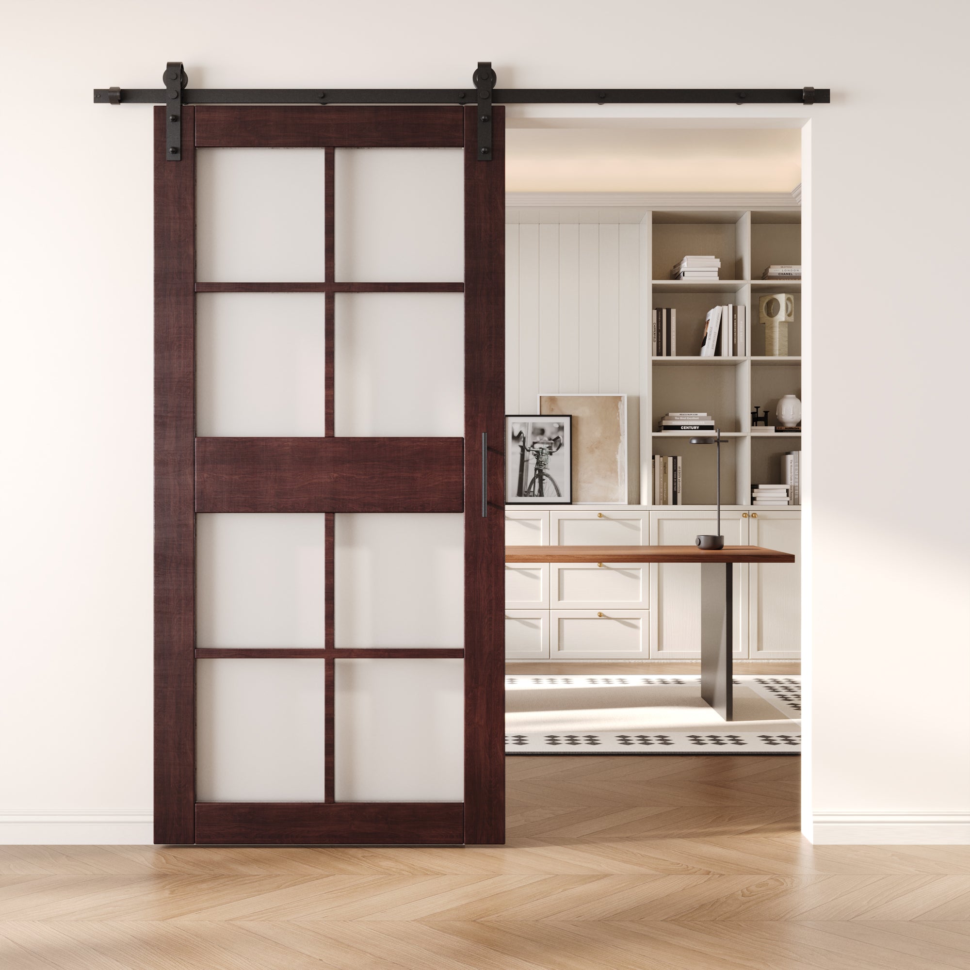 84" Height Red Mahogany 8-Lite Frosted Glass Unassembled & Finished Pine Wood Barn Door with Non-Bypass Installation Hardware Kit (Interior Use Only)