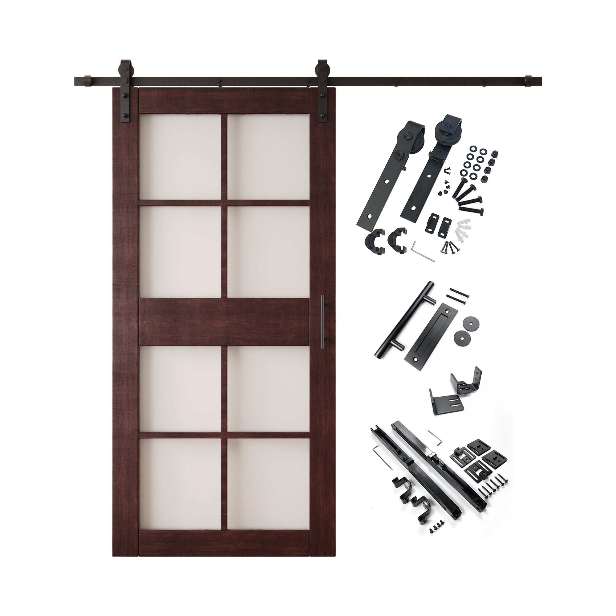 84" Height Red Mahogany 8-Lite Frosted Glass Unassembled & Finished Pine Wood Barn Door with Non-Bypass Installation Hardware Kit (Interior Use Only)