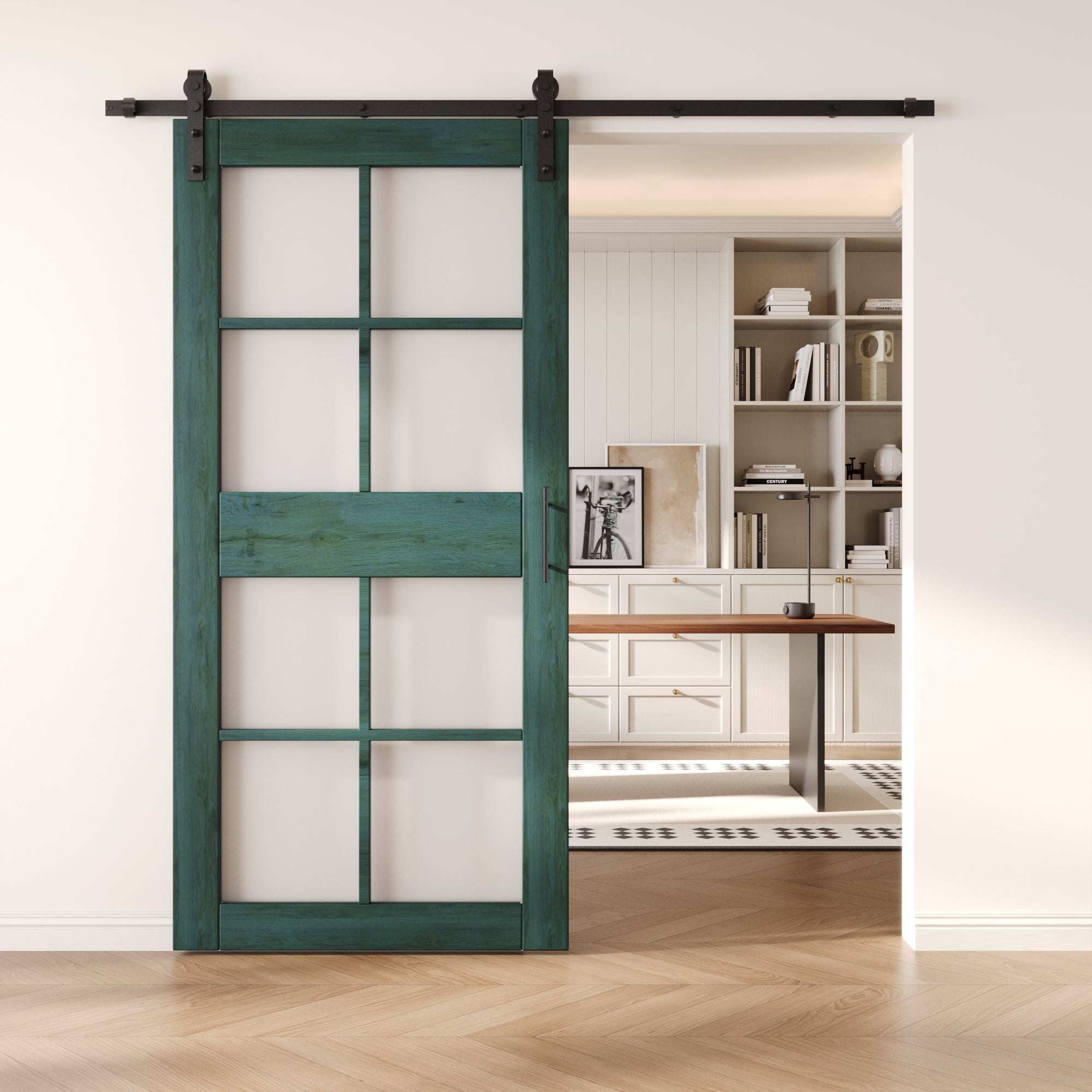 84" Height Royal Pine 8-Lite Frosted Glass Unassembled & Finished Pine Wood Barn Door with Non-Bypass Installation Hardware Kit (Interior Use Only)