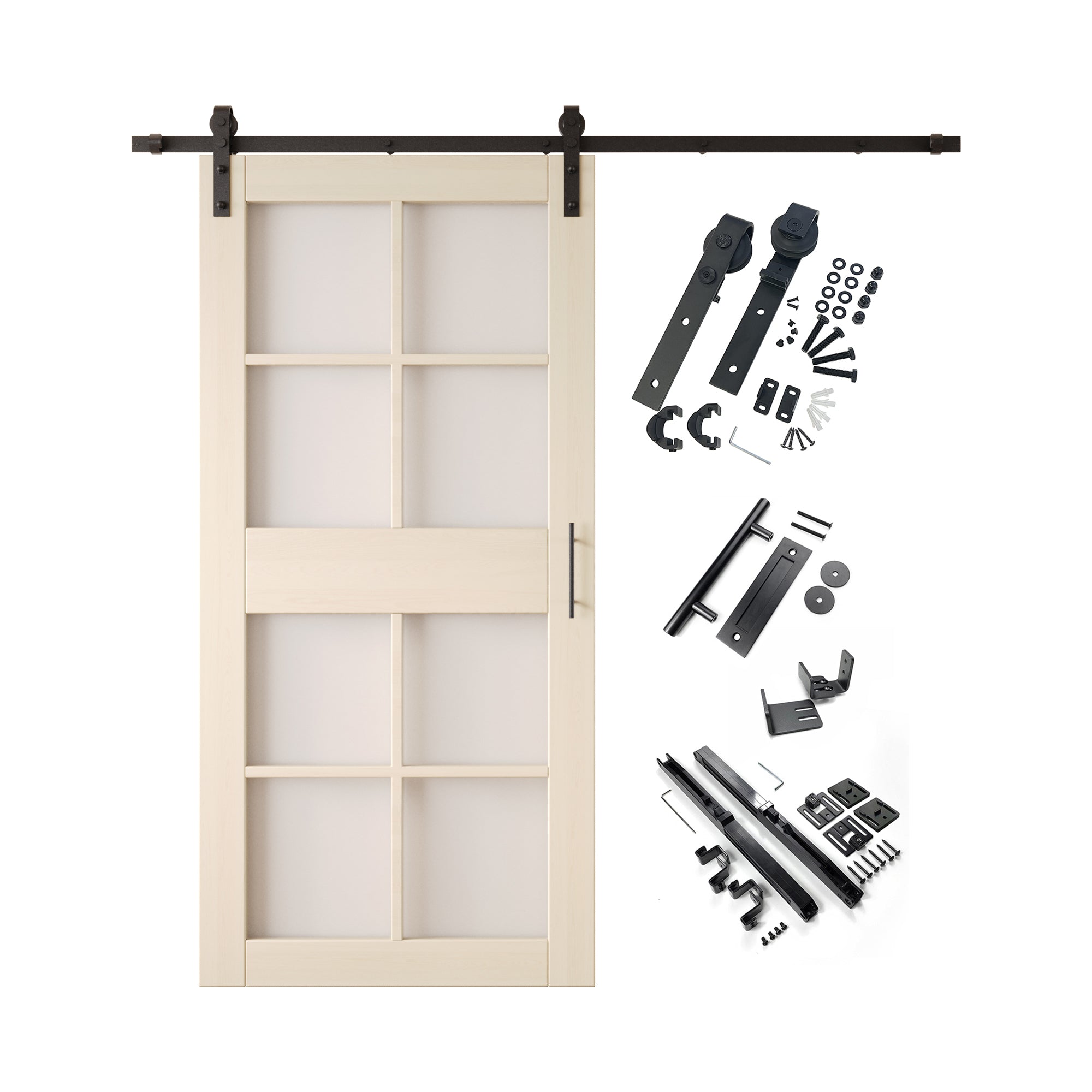 84" Height Tinsmith Gray 8-Lite Frosted Glass Unassembled & Finished Pine Wood Barn Door with Non-Bypass Installation Hardware Kit (Interior Use Only)