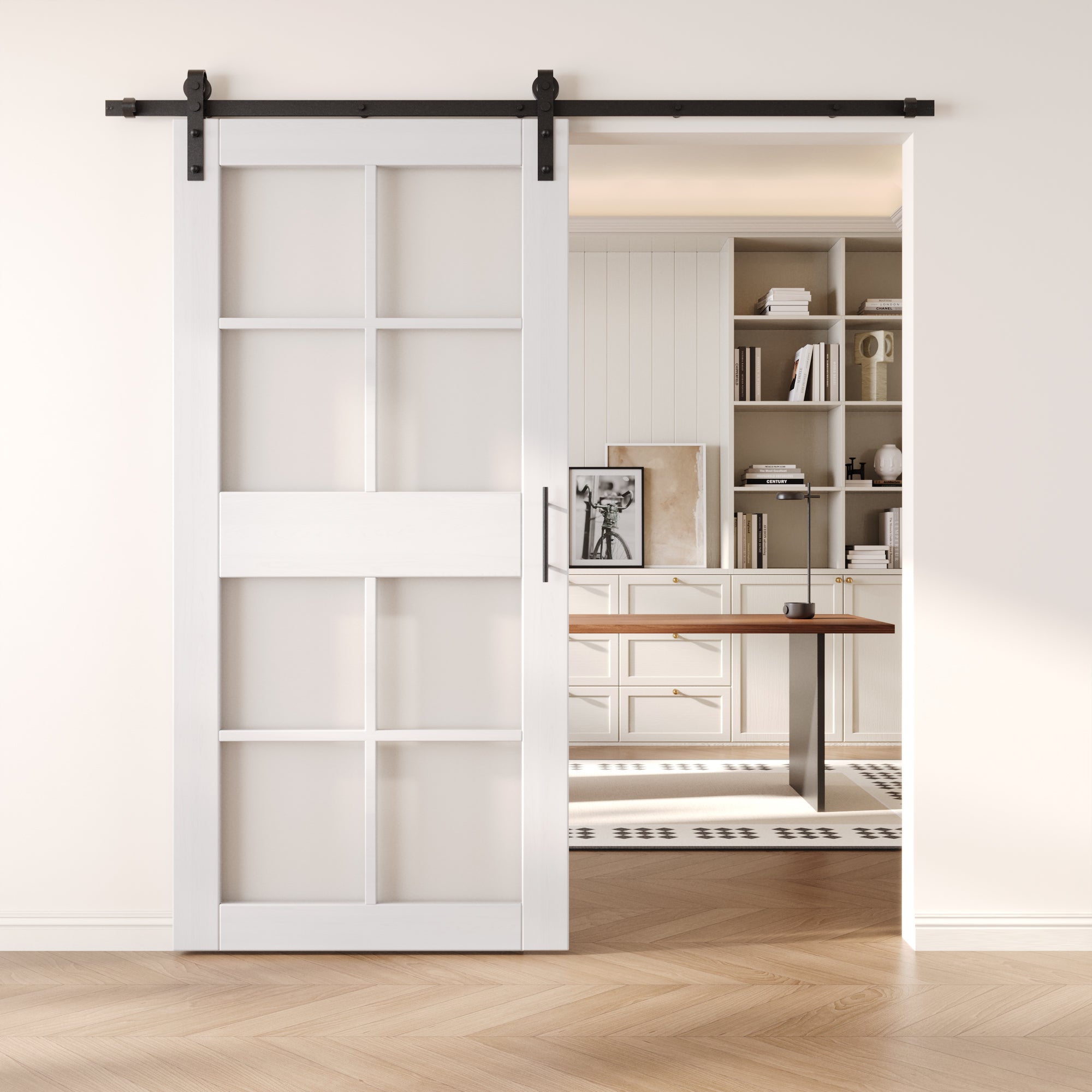 84" Height White 8-Lite Frosted Glass Unassembled & Finished Pine Wood Barn Door with Non-Bypass Installation Hardware Kit (Interior Use Only)