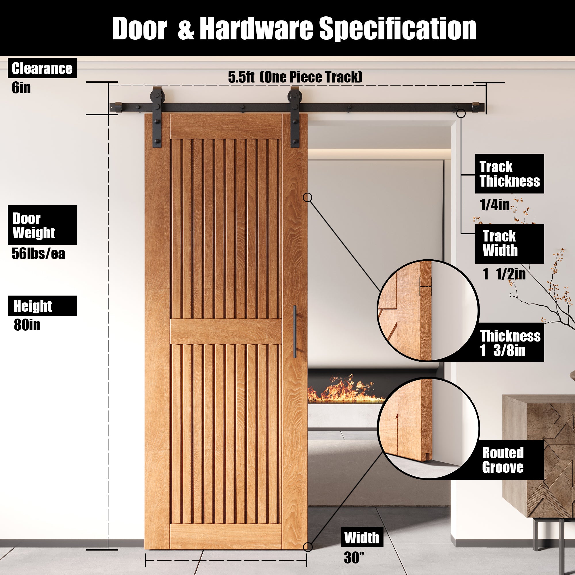 80" Height Early American Vertical Stripe Design Unassembled & Finished Pine Wood Barn Door with Non-Bypass Installation Hardware Kit(Interior Use Only)
