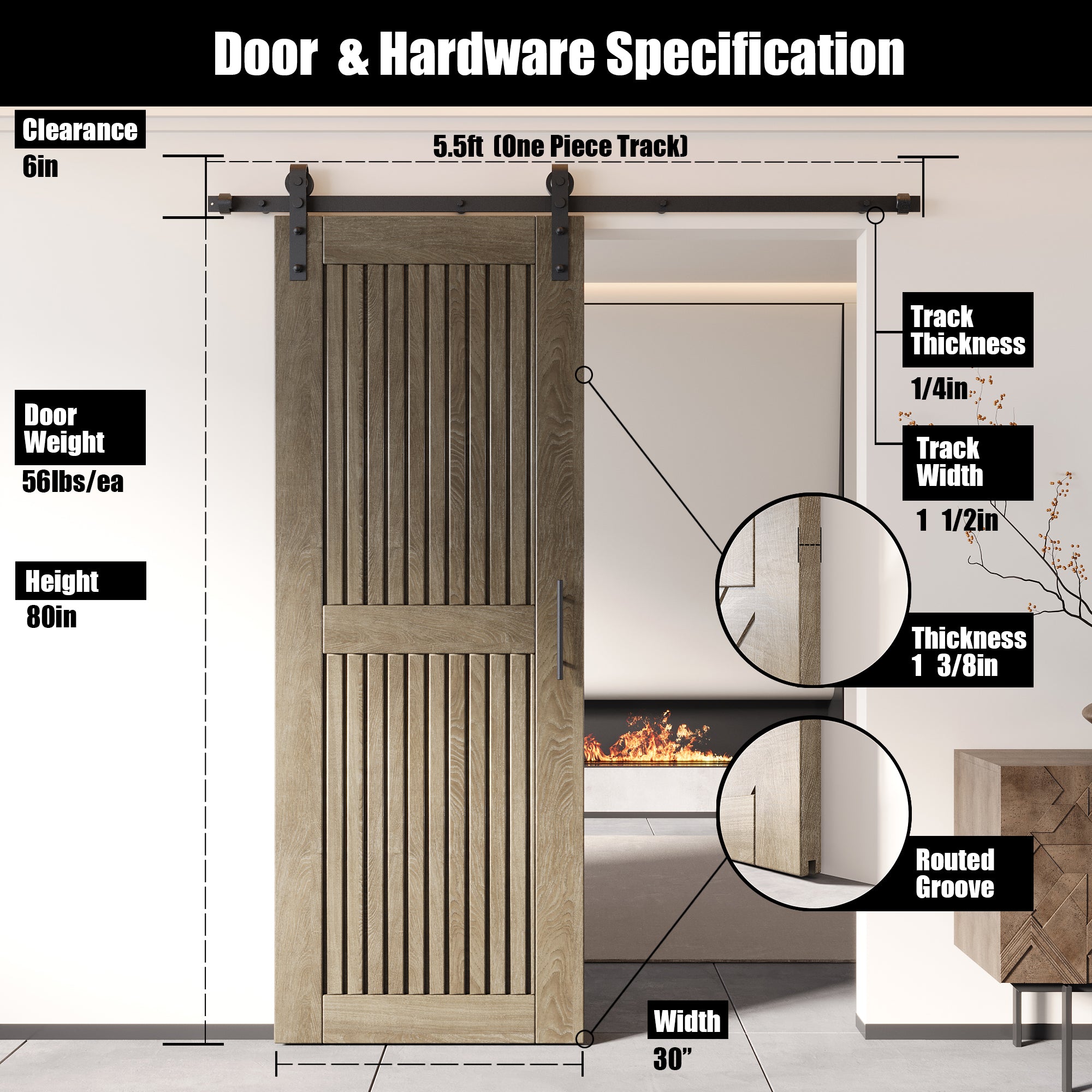 80" Height Classic Gray Vertical Stripe Design Unassembled & Finished Pine Wood Barn Door with Non-Bypass Installation Hardware Kit(Interior Use Only)