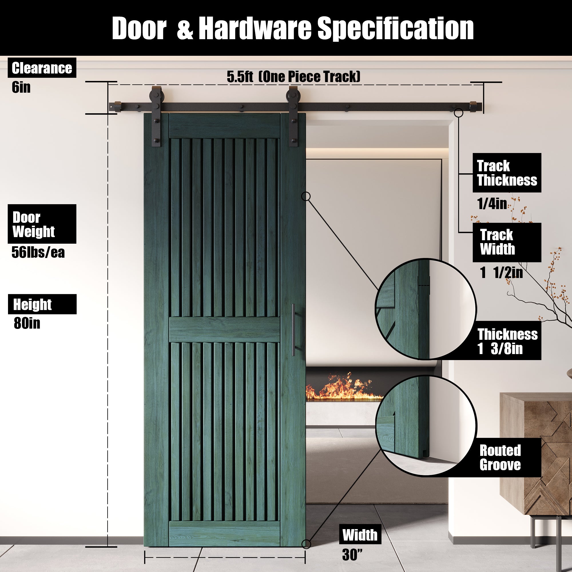 80" Height Royal Pine Vertical Stripe Design Unassembled & Finished Pine Wood Barn Door with Non-Bypass Installation Hardware Kit(Interior Use Only)