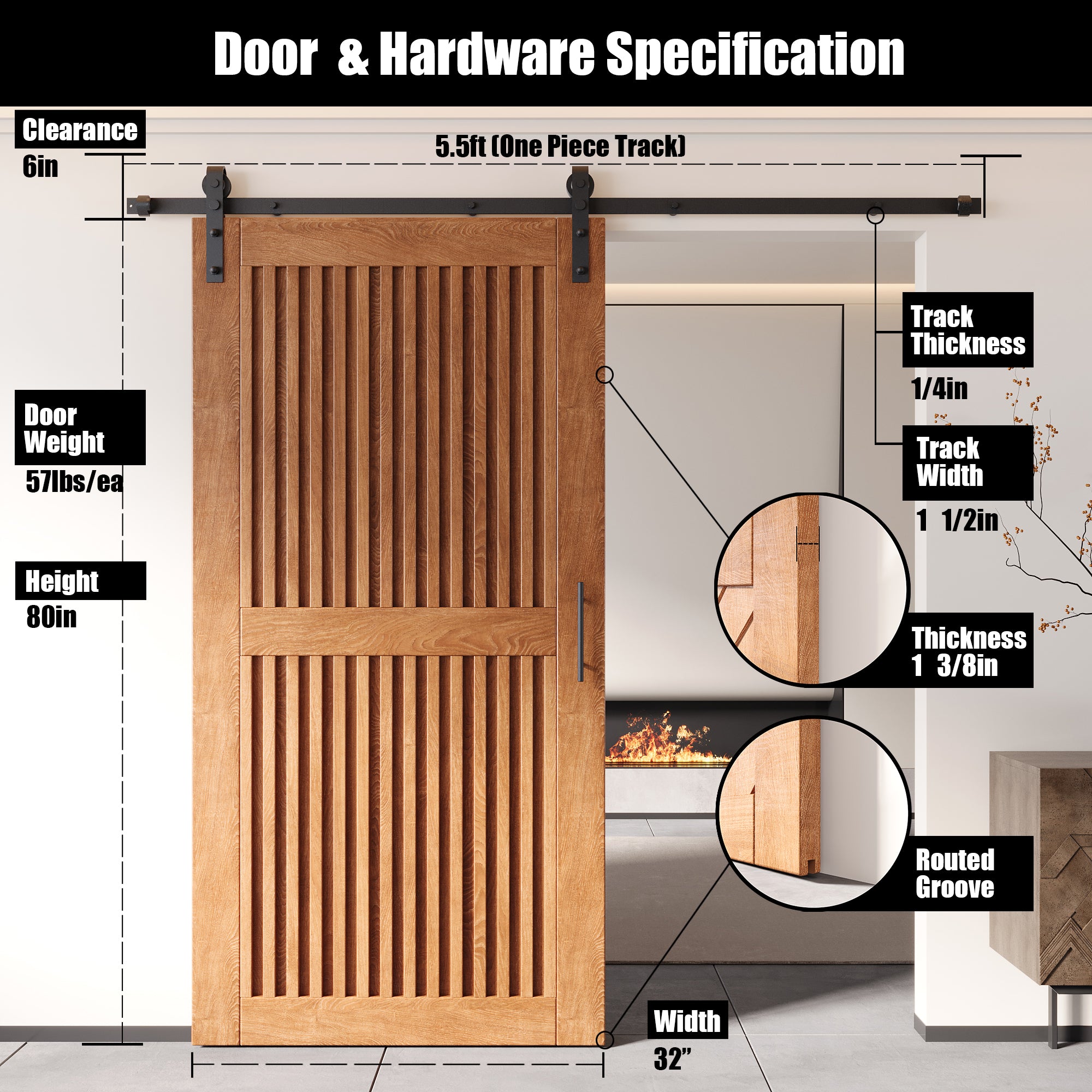 80" Height Early American Vertical Stripe Design Unassembled & Finished Pine Wood Barn Door with Non-Bypass Installation Hardware Kit(Interior Use Only)