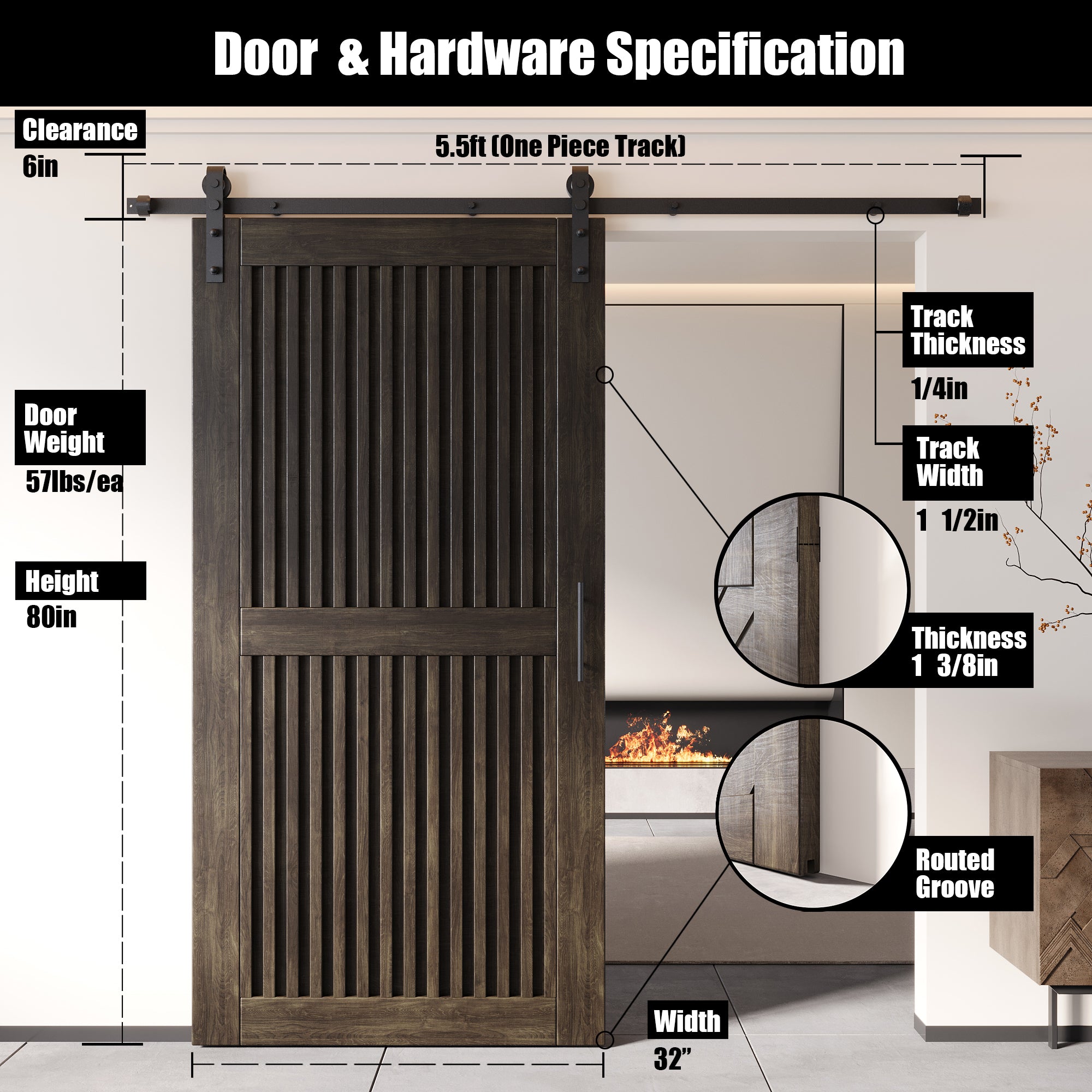 80" Height Ebony Vertical Stripe Design Unassembled & Finished Pine Wood Barn Door with Non-Bypass Installation Hardware Kit(Interior Use Only)