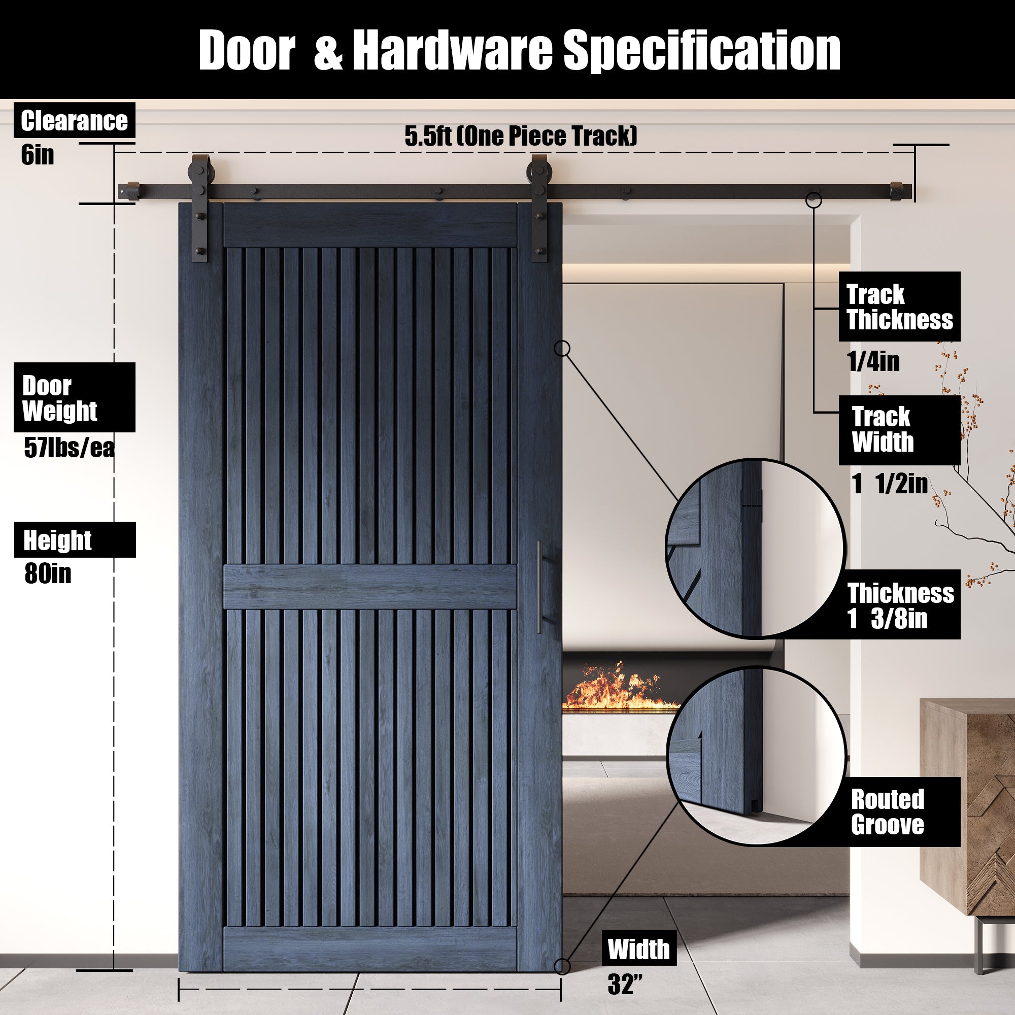 80" Height Navy Vertical Stripe Design Unassembled & Finished Pine Wood Barn Door with Non-Bypass Installation Hardware Kit(Interior Use Only)