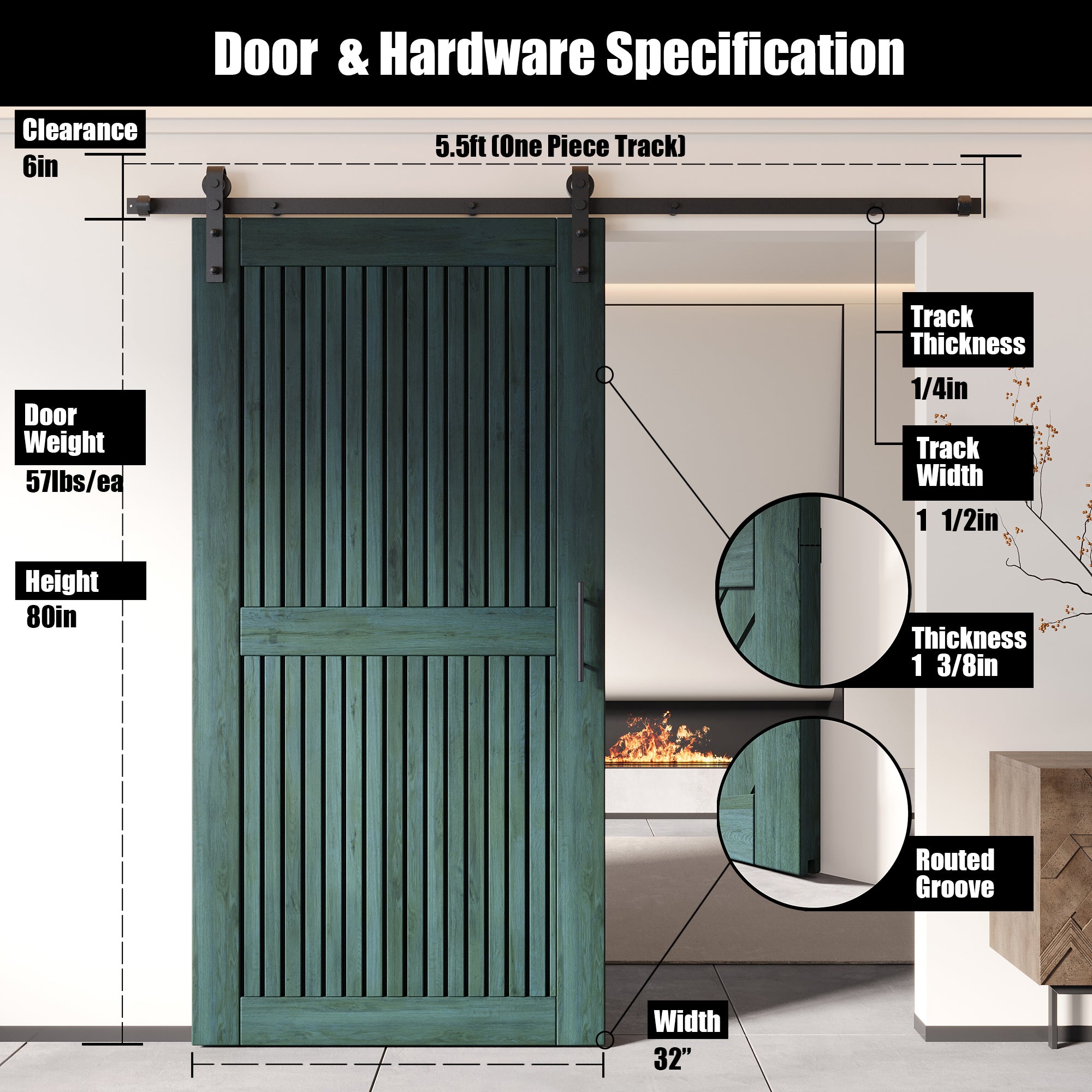 80" Height Royal Pine Vertical Stripe Design Unassembled & Finished Pine Wood Barn Door with Non-Bypass Installation Hardware Kit(Interior Use Only)