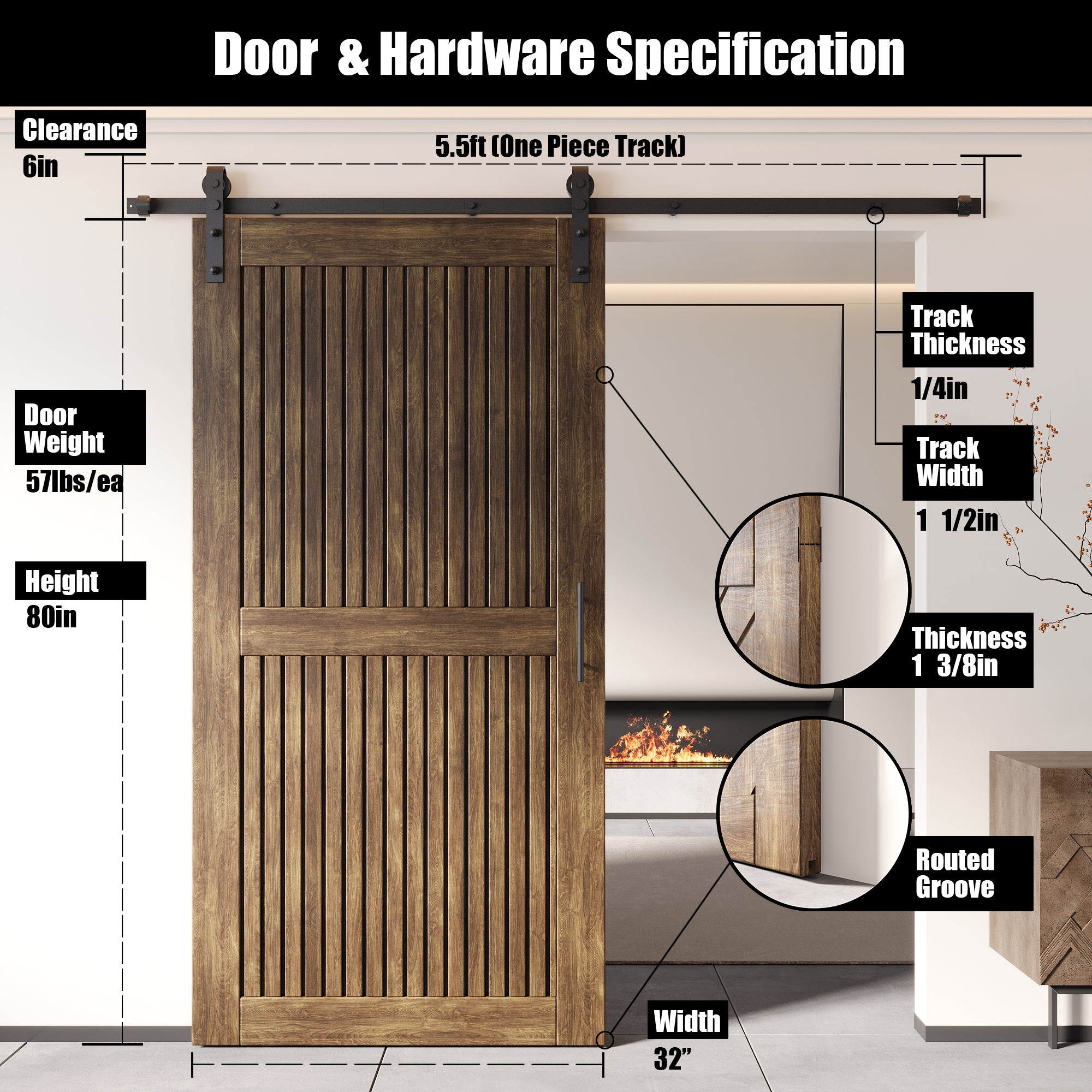 80" Height Dark Walnut Vertical Stripe Design Unassembled & Finished Pine Wood Barn Door with Non-Bypass Installation Hardware Kit(Interior Use Only)