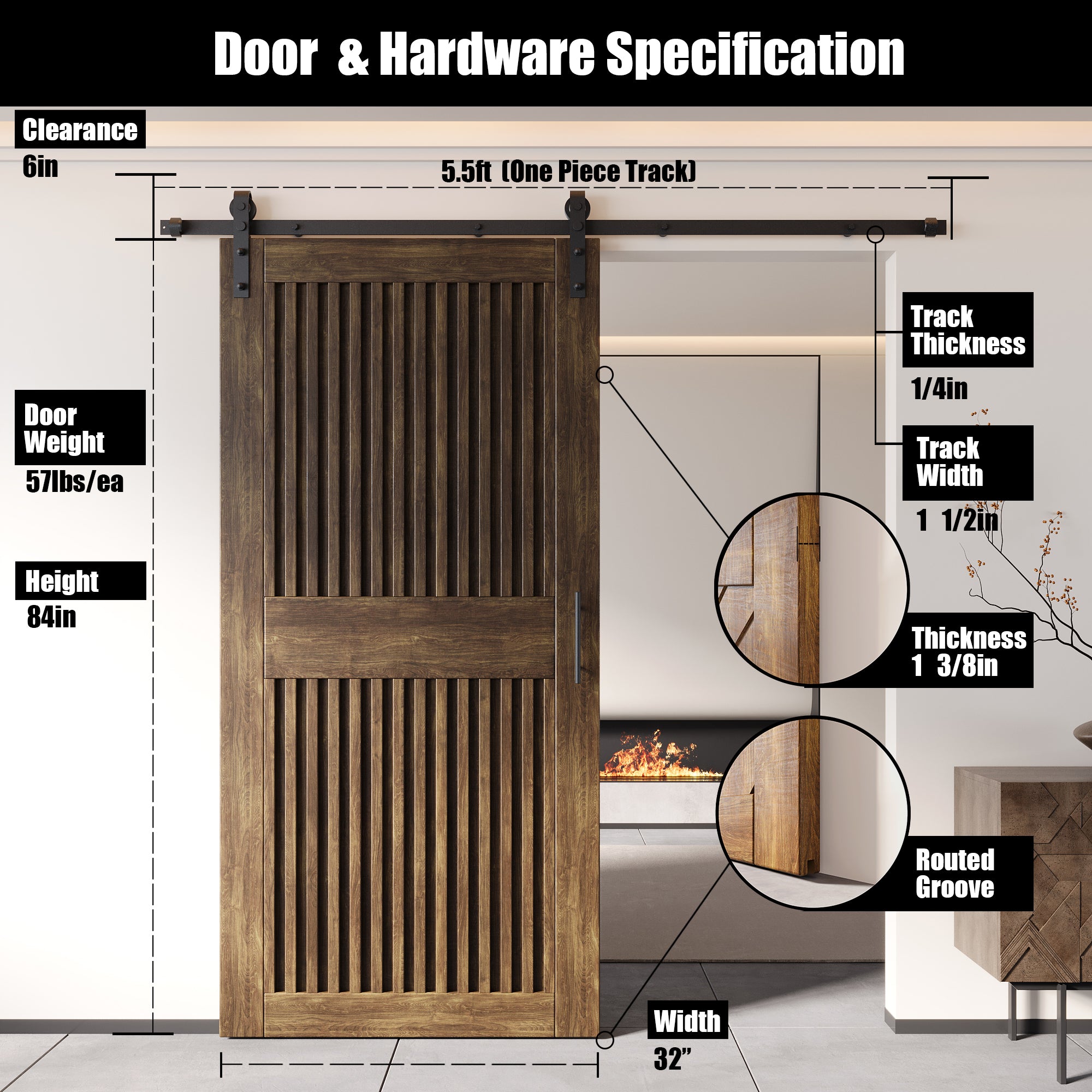 84" Height Dark Walnut Vertical Stripe Design Unassembled & Finished Pine Wood Barn Door with Non-Bypass Installation Hardware Kit(Interior Use Only)